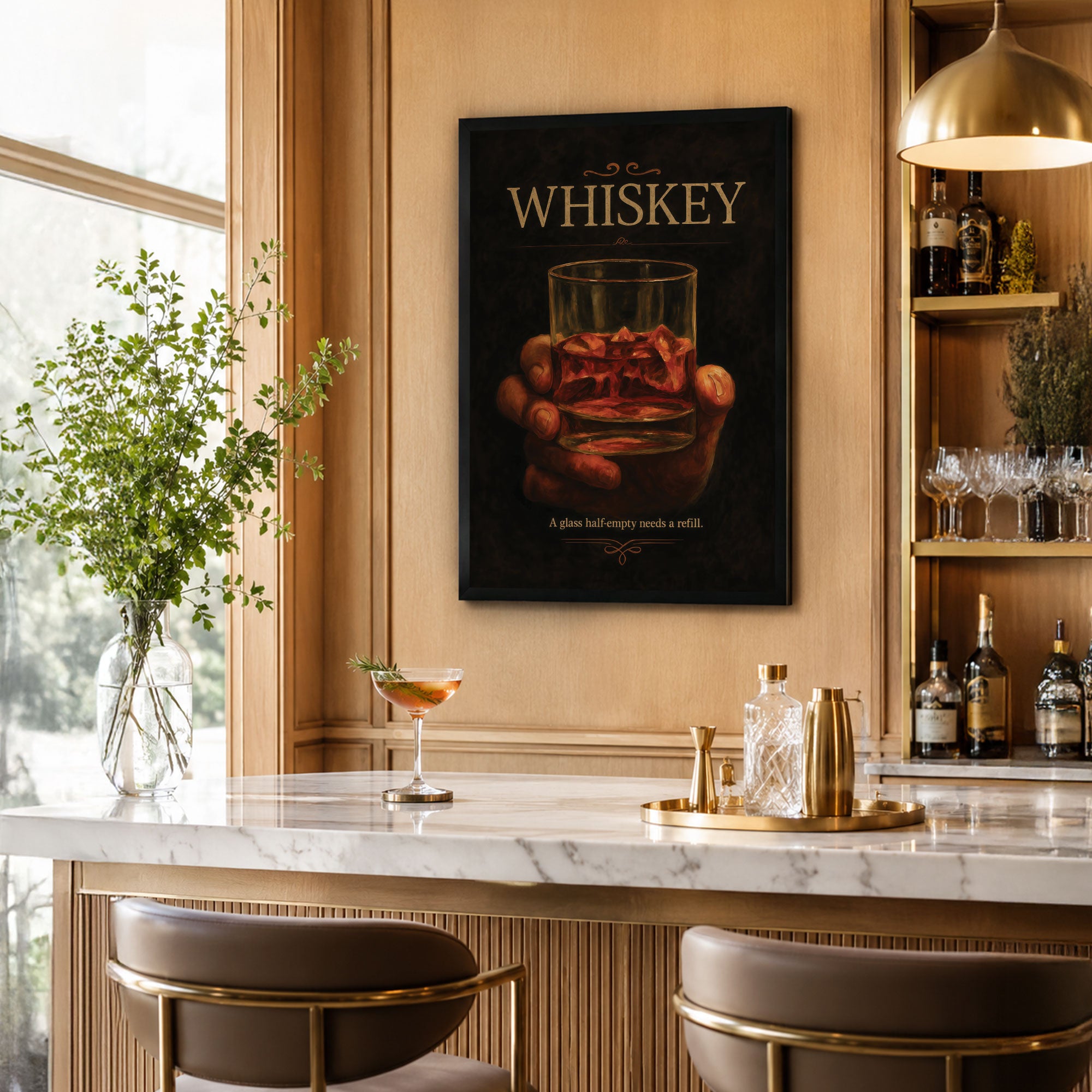 The Castle Decor Whiskey Wall Art Poster – A Glass Half Empty Needs A Refill | Vintage Bar Decor for Pub, Lounge & Home Bar