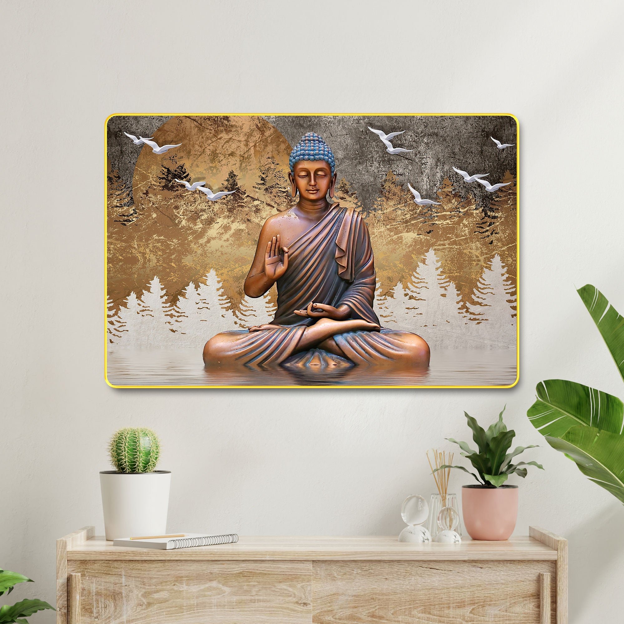 The Castle Decor Lord Buddha Wall Art Painting with Wooden Frame | Vastu Spiritual Meditation Décor for Living Room, Bedroom, Office & Hotel | Gift Option