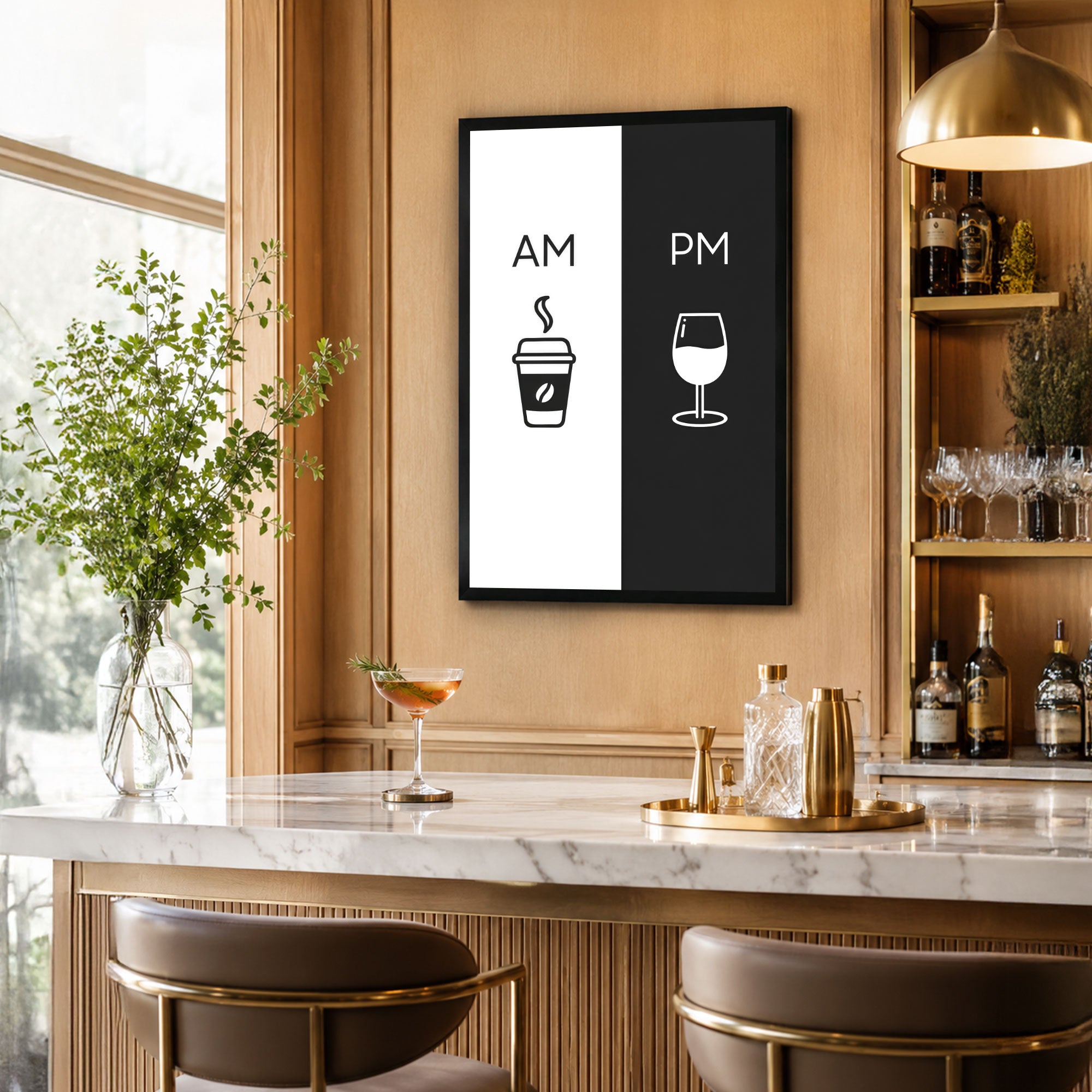 The Castle Decor AM PM Coffee & Wine Minimal Wall Art Poster | Modern Kitchen, Bar, Cafe & Dining Room Decor