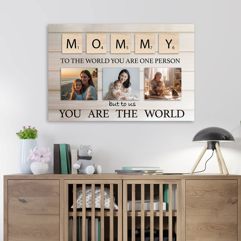 Customizable Mommy Photo Frame Wall Art, Scrabble Letter Design with 3 Photo Slots, You Are The World Quote, 36x24 Inch, Personalized Mother's Day Gift