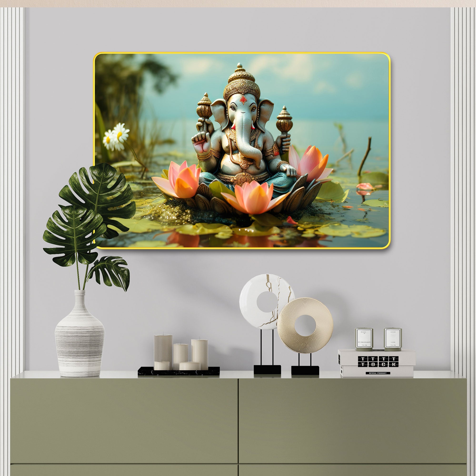 The Castle Decor Lord Ganesha Wall Art Painting with Wooden Frame | Spiritual Hindu God Décor for Living Room, Bedroom, Temple & Office | Auspicious Gift Option