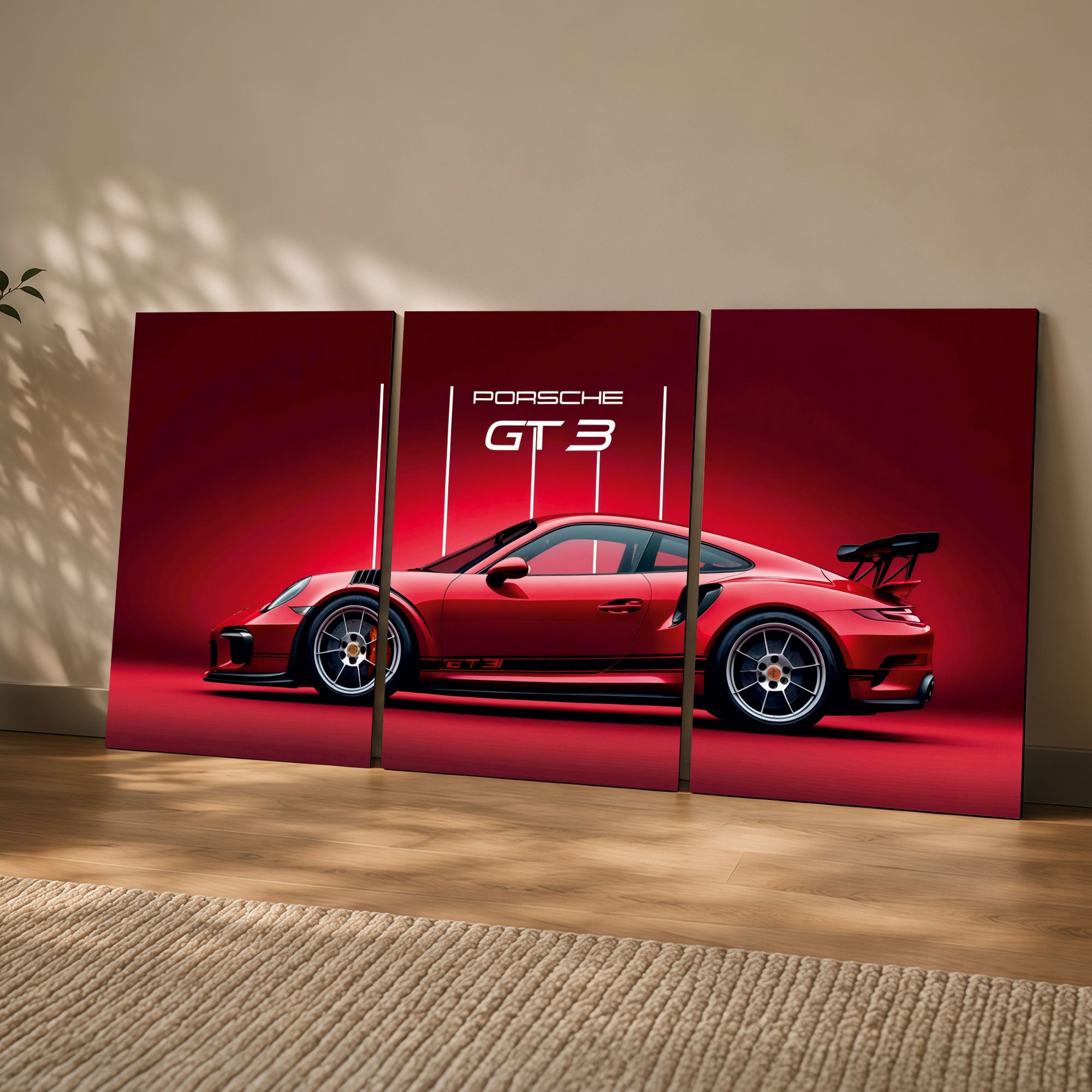 The Castle Decor Porsche GT3 Wall Art 3 Panel Painting Red Sports Car Poster Luxury Supercar Wall Decor for Bedroom Gaming Room Office Living Room