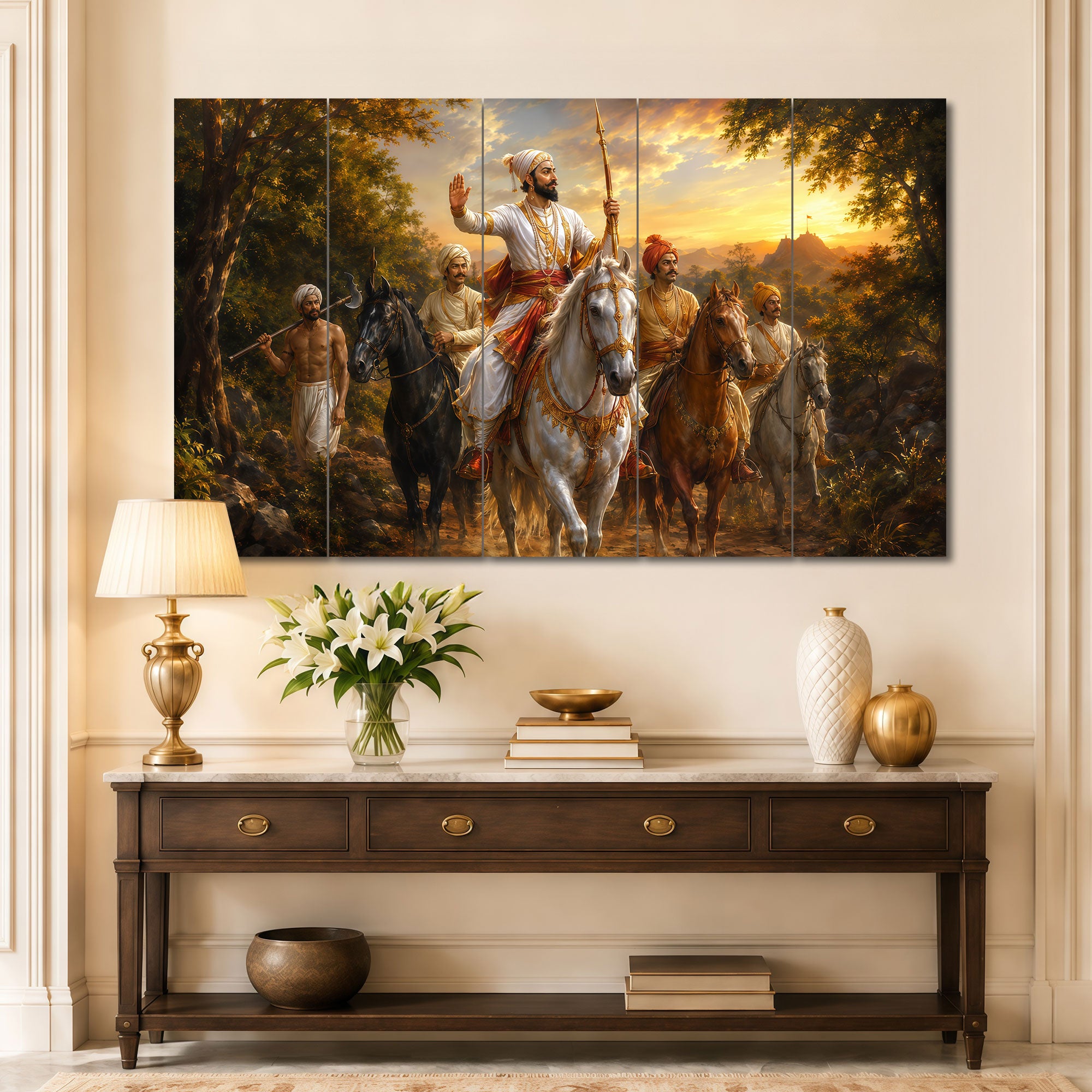 The Castle Decor Chhatrapati Shivaji Maharaj Horse Ride 5 Panel Sparkle Finish MDF Wall Painting  Maratha Warrior Home Office Decoration