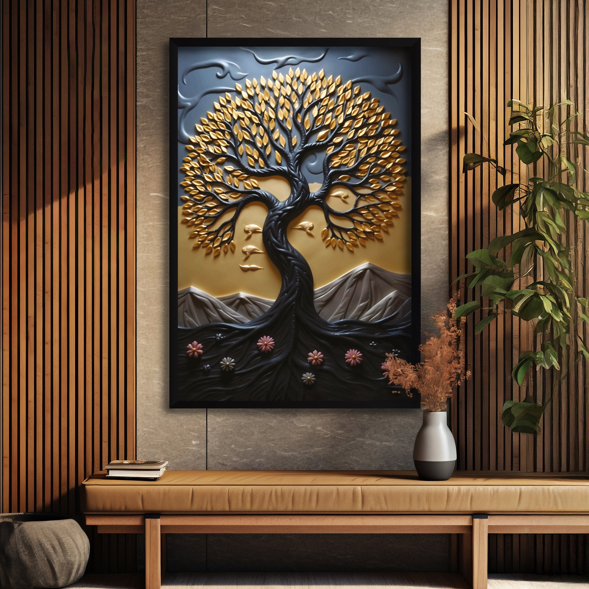 The Castle Decor Wood Abstract Golden Wish Tree Painting | Lucky Wish Tree Wall Art for Living Room | Big Size Framed Wall Decoration | Multicolor Textured Abstract Painting (20x30 Inch)
