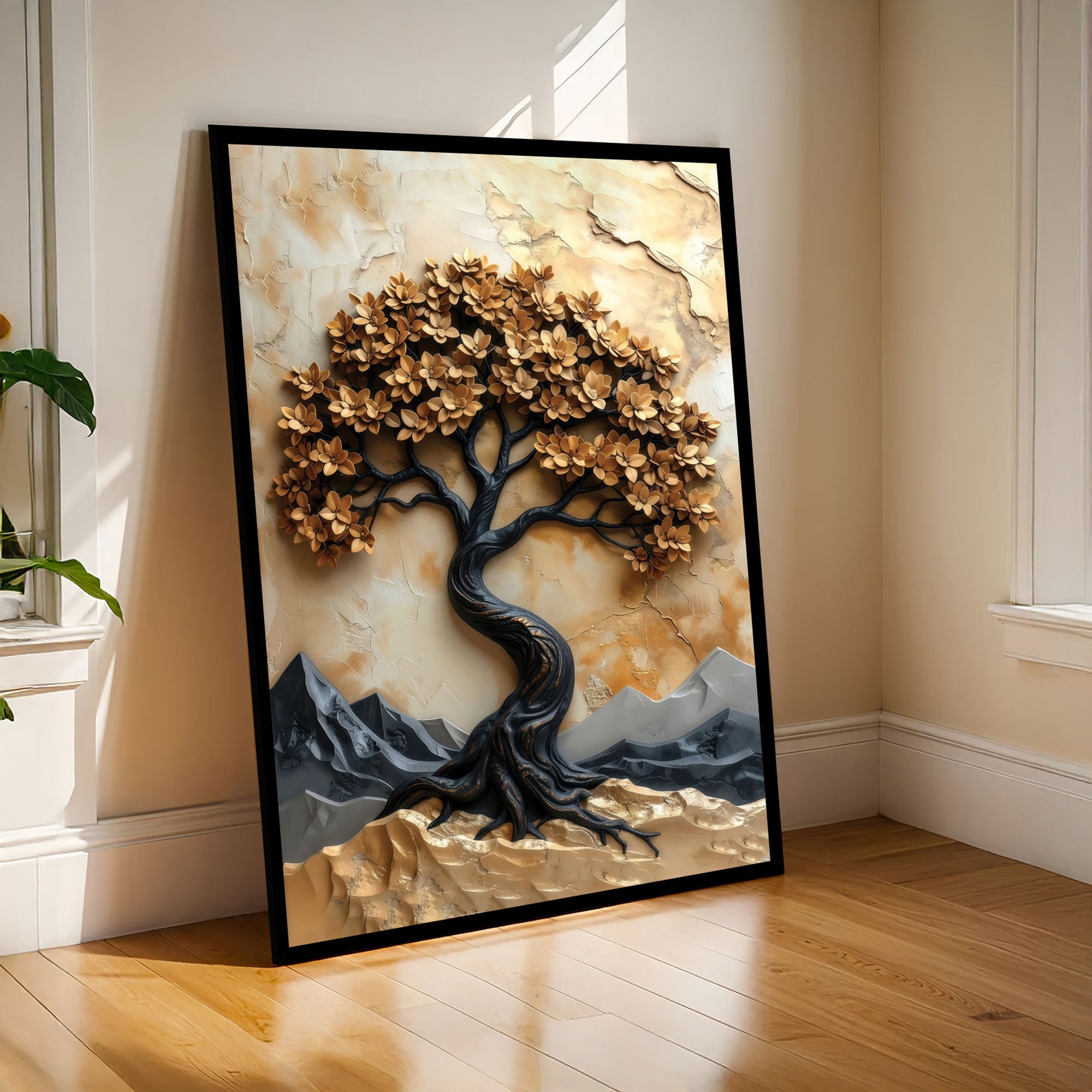 The Castle Decor Wood Abstract Golden Wish Tree Painting | Lucky Wish Tree Wall Art for Living Room | Big Size Framed Wall Decoration | Multicolor Textured Abstract Painting (20x30 Inch)