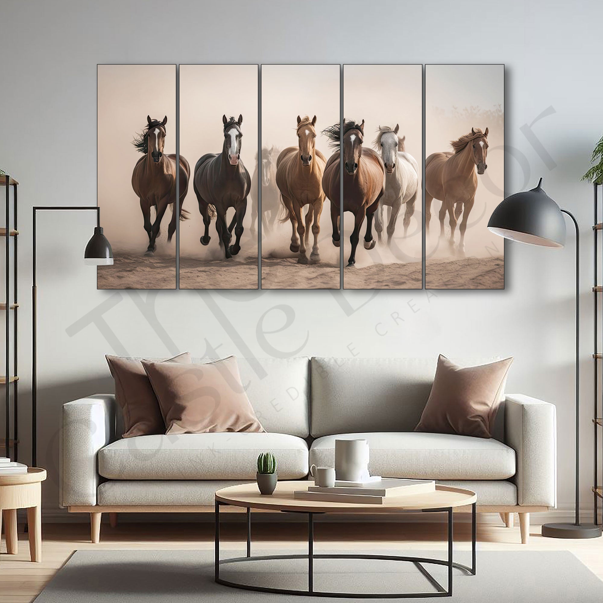 VASTU 7 runing horses Set of 5 Big Size Multiple Frames Wall Art Painting for living room,Bedroom,Drawing room,Hotels-Wooden Framed-Digital Painting