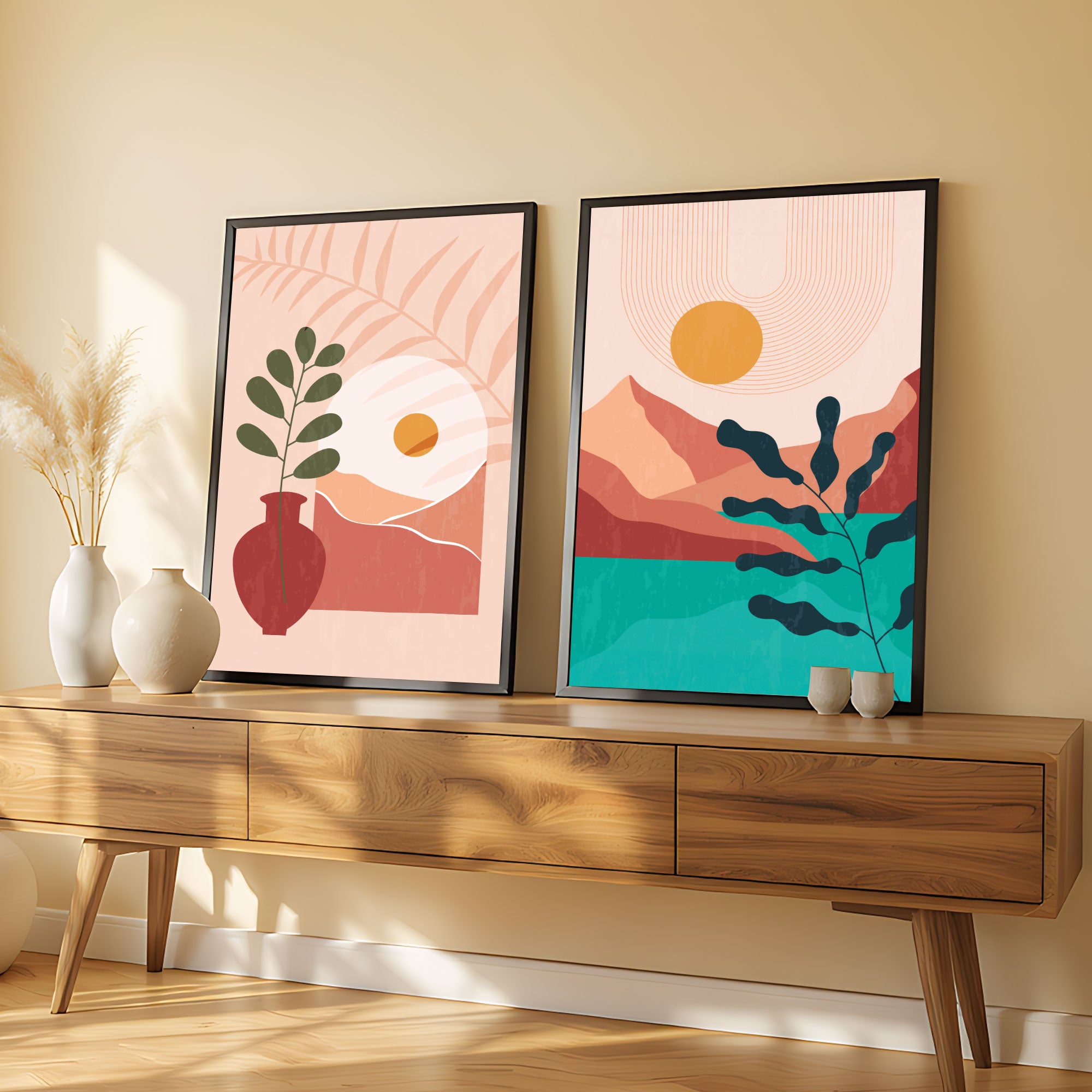 The Castle Decor Boho Wall Art for Living Room Big Size | Framed Abstract Botanical Paintings for Living Room & Bedroom | Modern Home Decoration & Perfect Gifting Option | Set of 2 (11×17 Inch Each)1