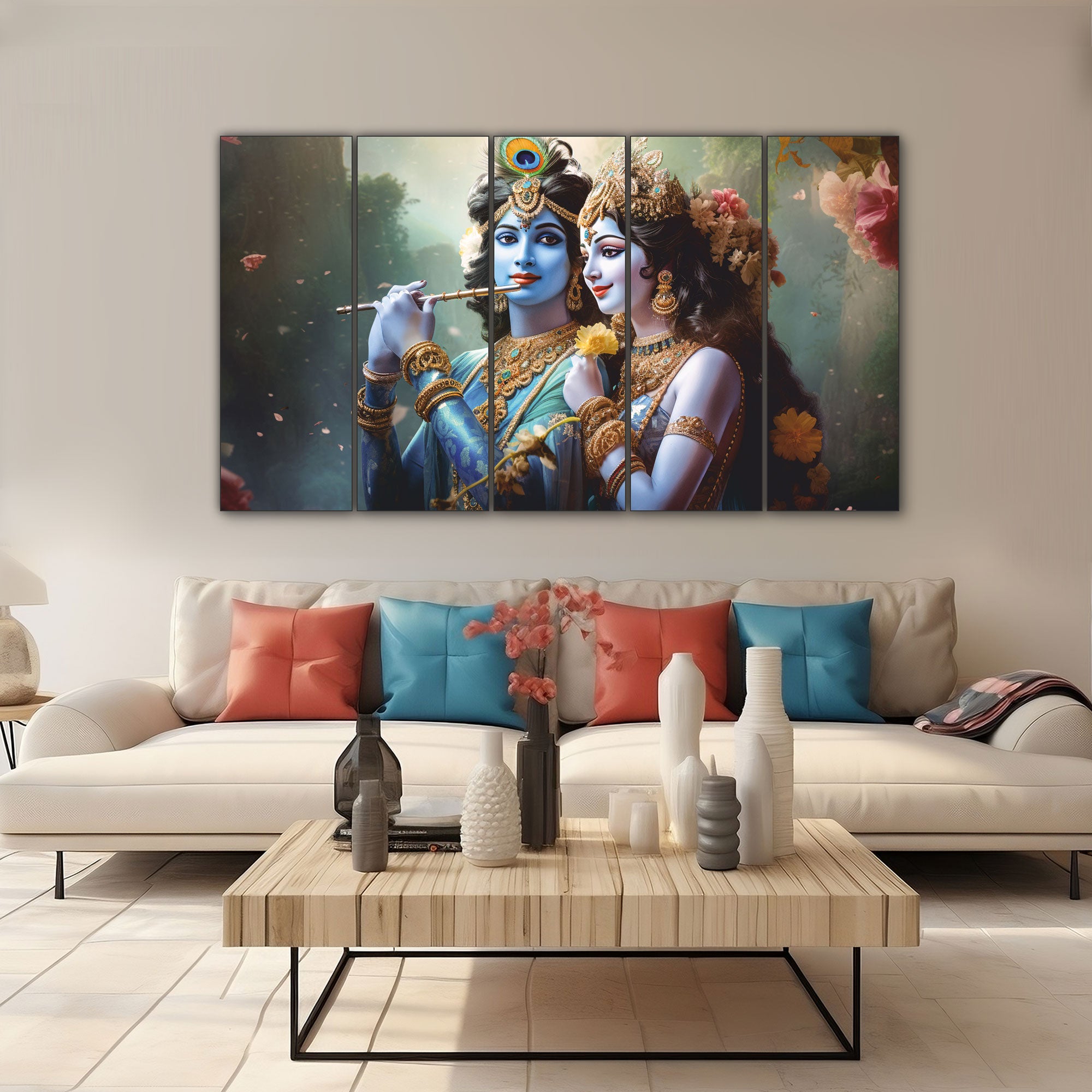 Radha krishna flute.Set of 5 Big Size Multiple Frames Wall Art Painting for living room,Bedroom,Drawing room,Hotels-Wooden Framed-Digital PaintingWooden Framed-Digital Painting