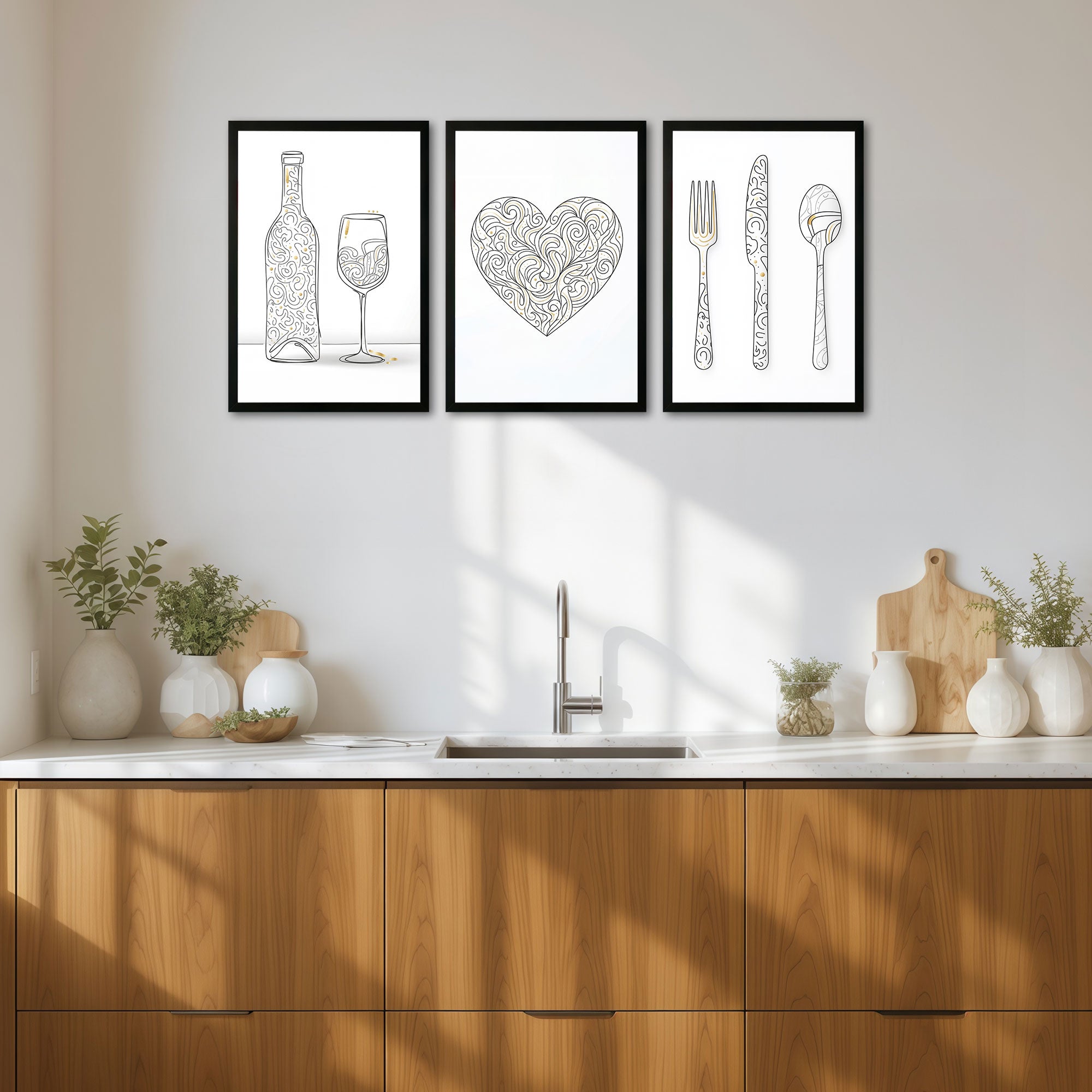 The Castle Decor Minimal Kitchen Wall Art Set of 3 Frame | Wine, Heart & Cutlery Line Art Decor | Sparkle Lamination Finish with Premium Fiber Frame for Dining