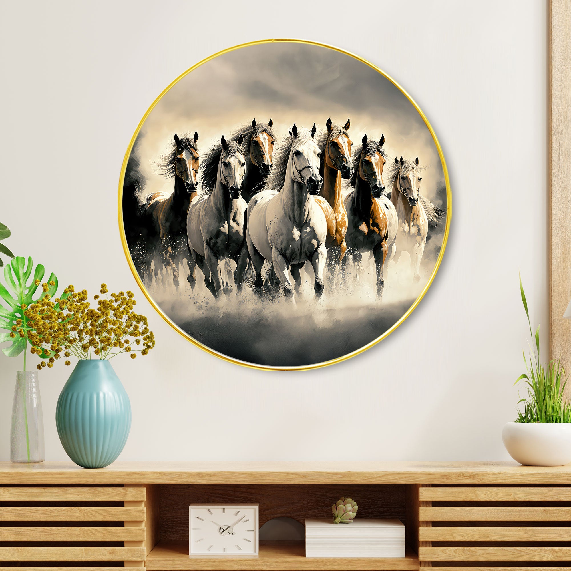 The Castle Decor Vastu 7 Horses Running Wall Hanging | Elegant Golden Round Frame Painting for Home, Hotel, Living Room & Gift Decoration