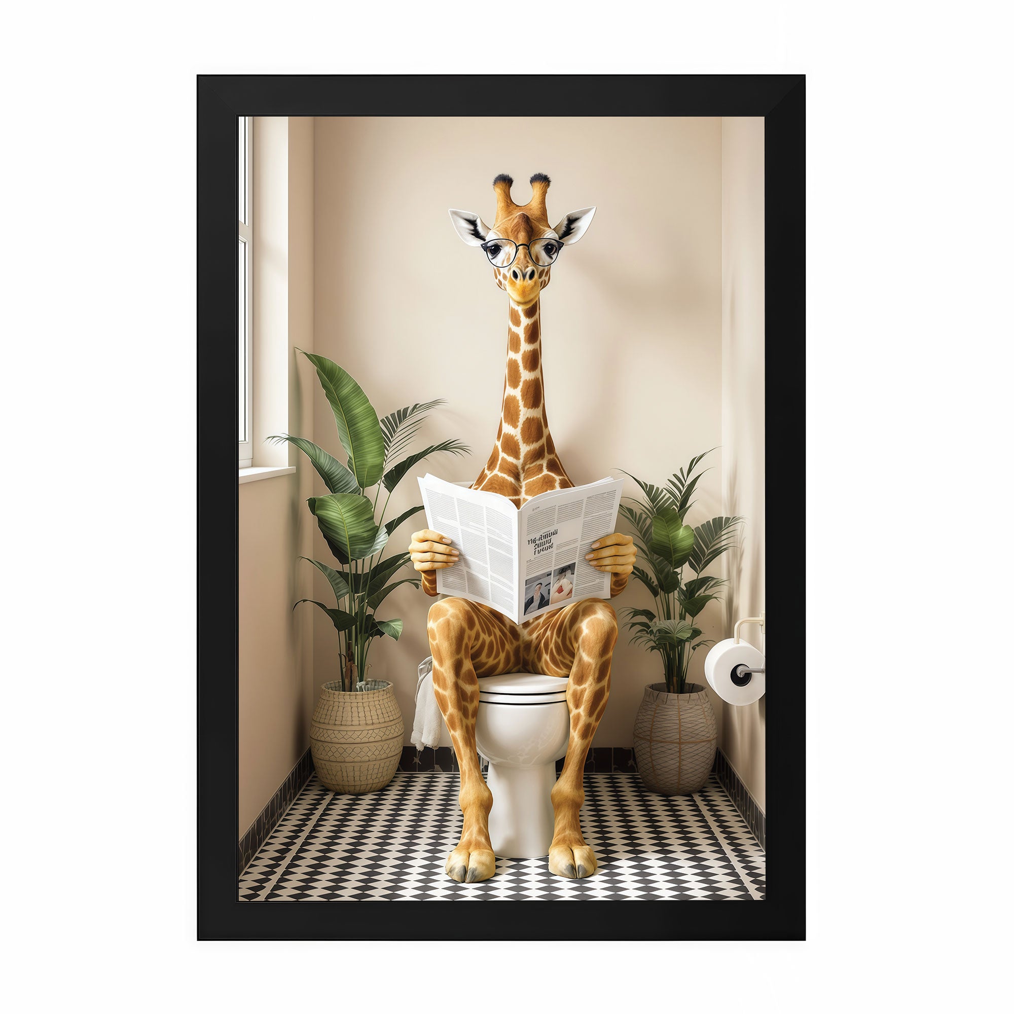 The Castle Decor Funny Giraffe Reading Newspaper on Toilet Framed Wall Art – Whimsical Animal sitting on Commode Framed Poster, Cute Restroom & Powder Room Wall Decor