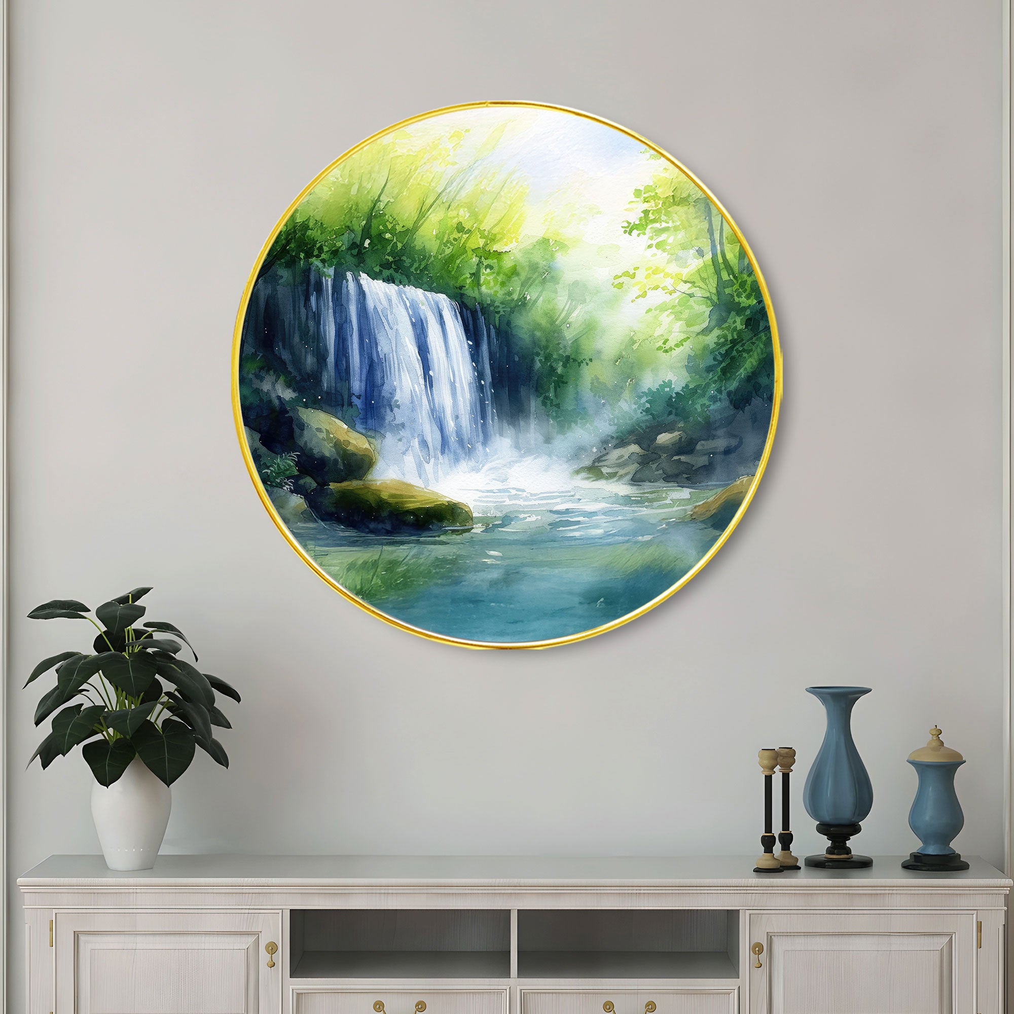 The Castle Decor Waterfall Round Wall Art | Vastu Nature Golden Frame Painting for Home, Bedroom & Gift Decoration