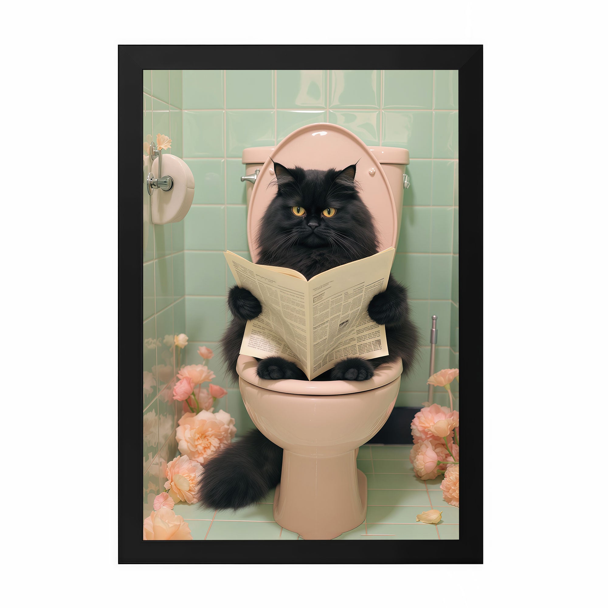 The Castle Decor Funny Black Cat Reading Newspaper on Toilet Framed Wall Art – Fluffy Persian Cat Bathroom Decor, Whimsical Animal Restroom Framed Poster, Humorous Gift for Cat Lovers