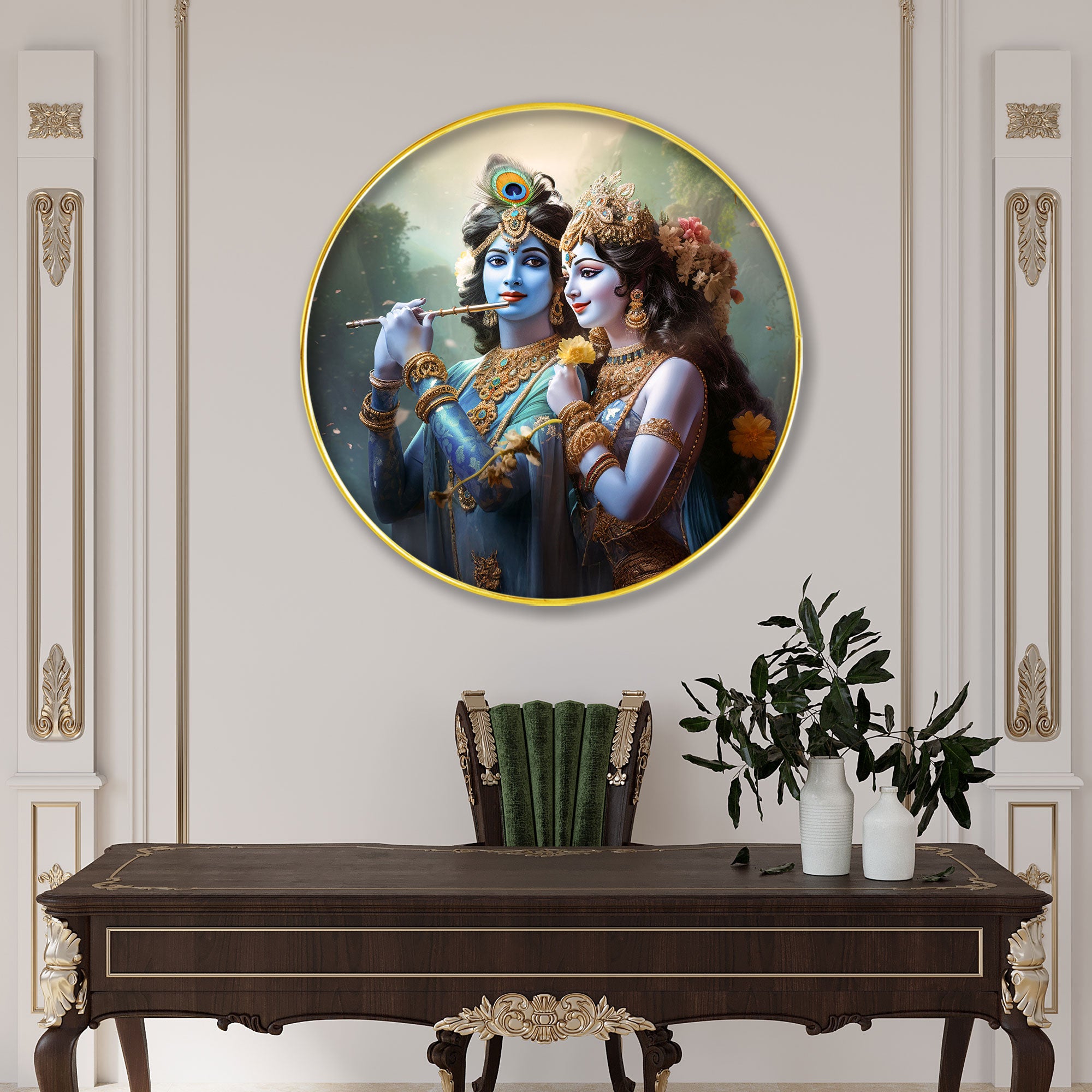 The Castle Decor Radha Krishna Round Wall Painting | Elegant Golden Frame Love Artwork for Living Room, Bedroom, Hotel & Gift Decoration
