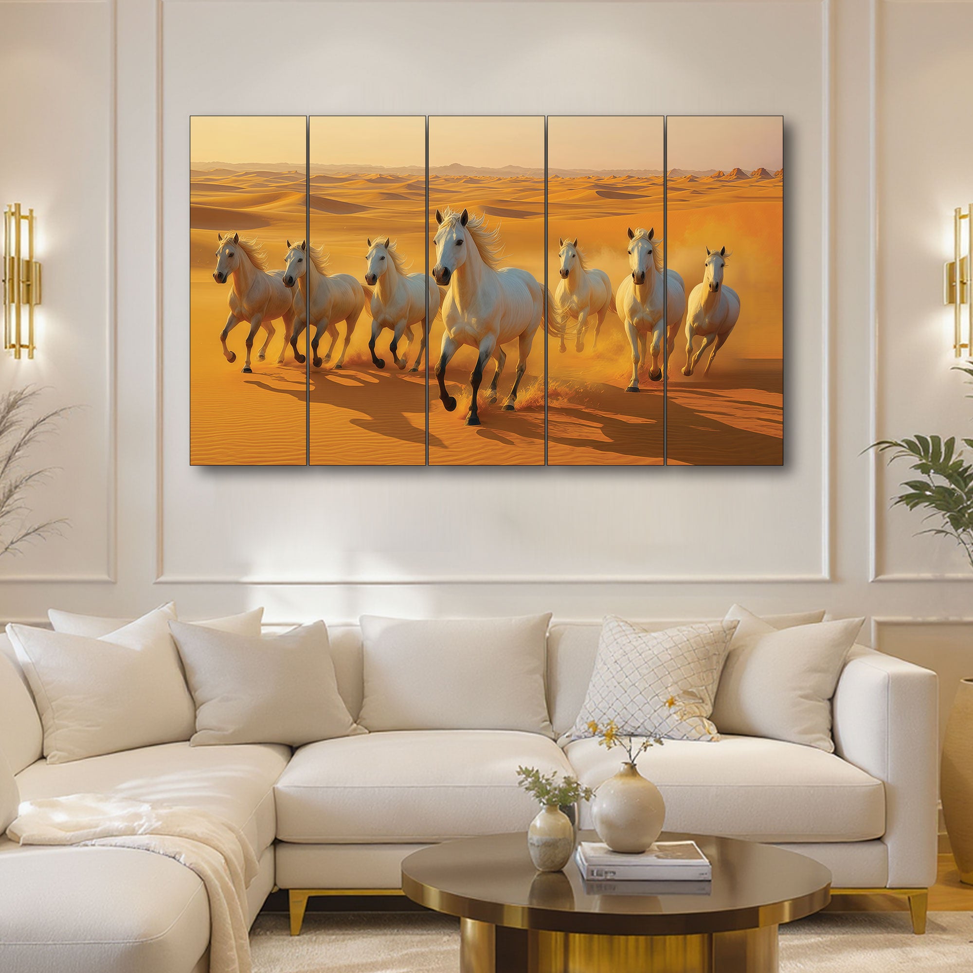 The Castle Decor Running White Horses in Golden Desert Wall Art, 5 Panel Vastu Painting for Home & Office Decor
