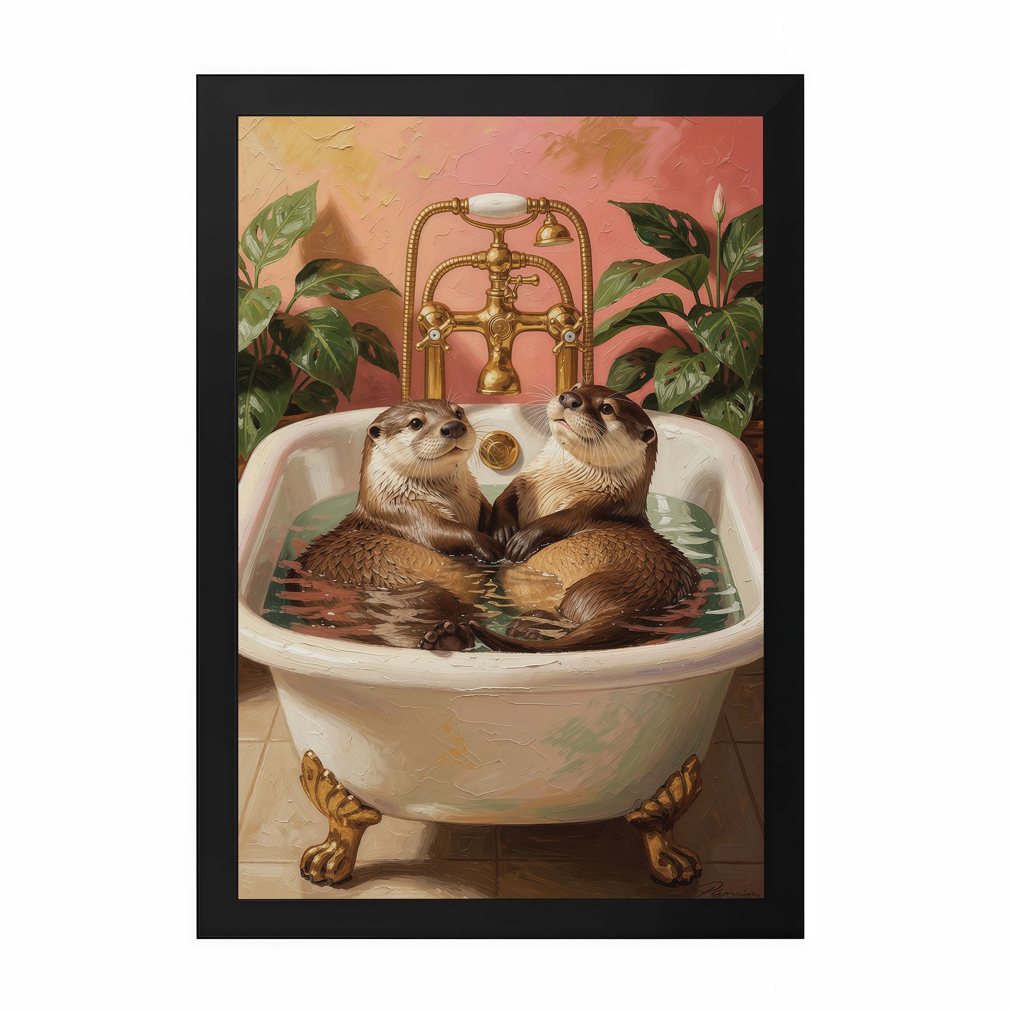 The Castle Decor Cute Otters Bathtub Wall Art | Funny Animal Bathroom Decor | Framed Bathroom Painting | Whimsical Bathroom Artwork for Home