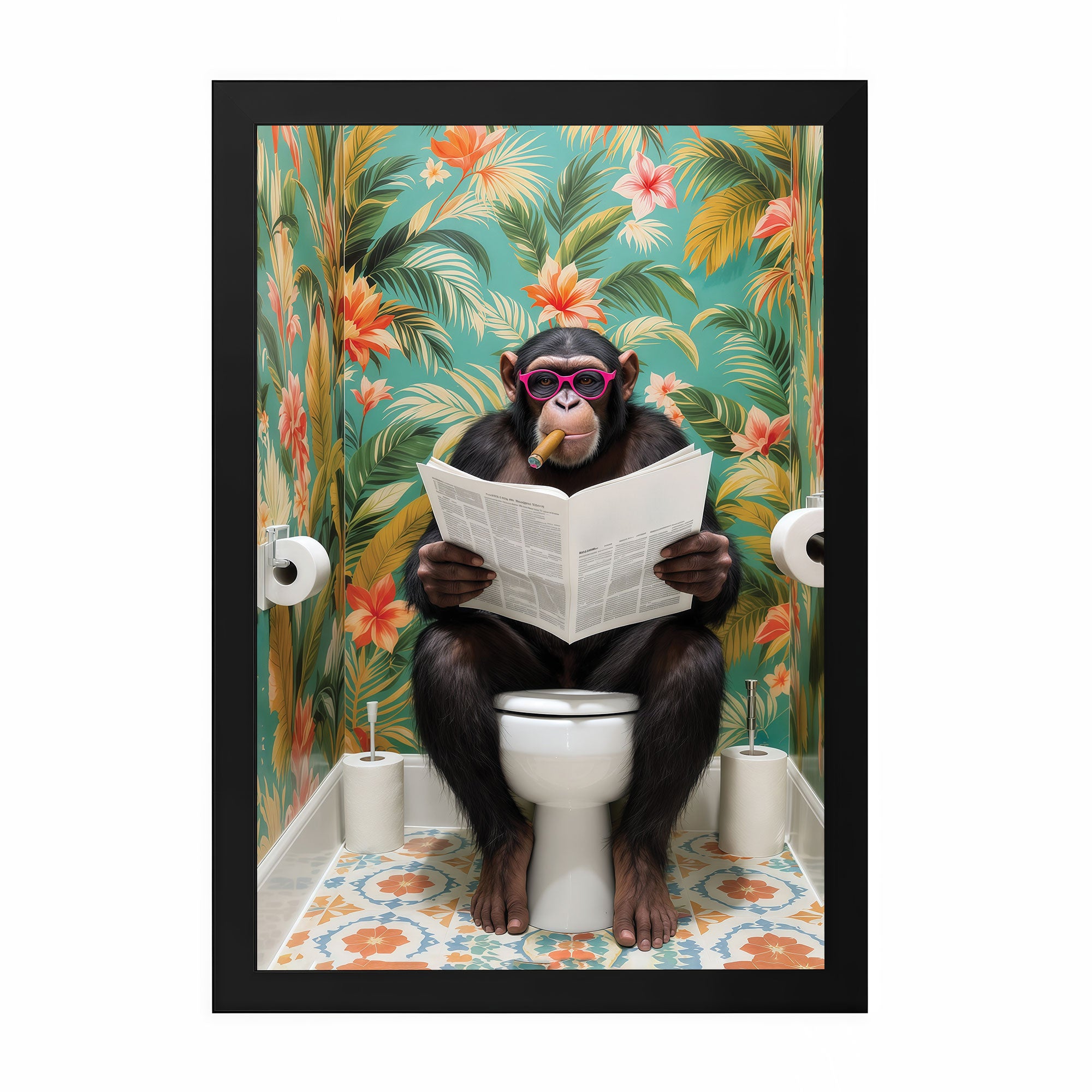 The Castle Decor Funny Chimpanzee Reading Newspaper on Toilet Framed Wall Art – Cool Monkey with Sunglasses Smoking Cigar in Bathroom Framed Poster, Tropical Jungle Restroom Decor