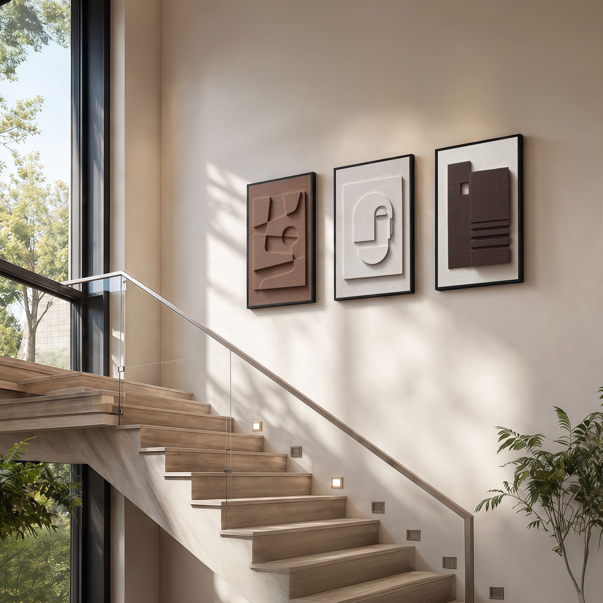 The Castle Decor 3-Piece Modern Minimalist 3D Relief Wall Art Set – Abstract Geometric Sculptural Framed Art, Neutral Terracotta & Cream Textured Bas-Relief Panels for Living Room, Staircase, Entryway