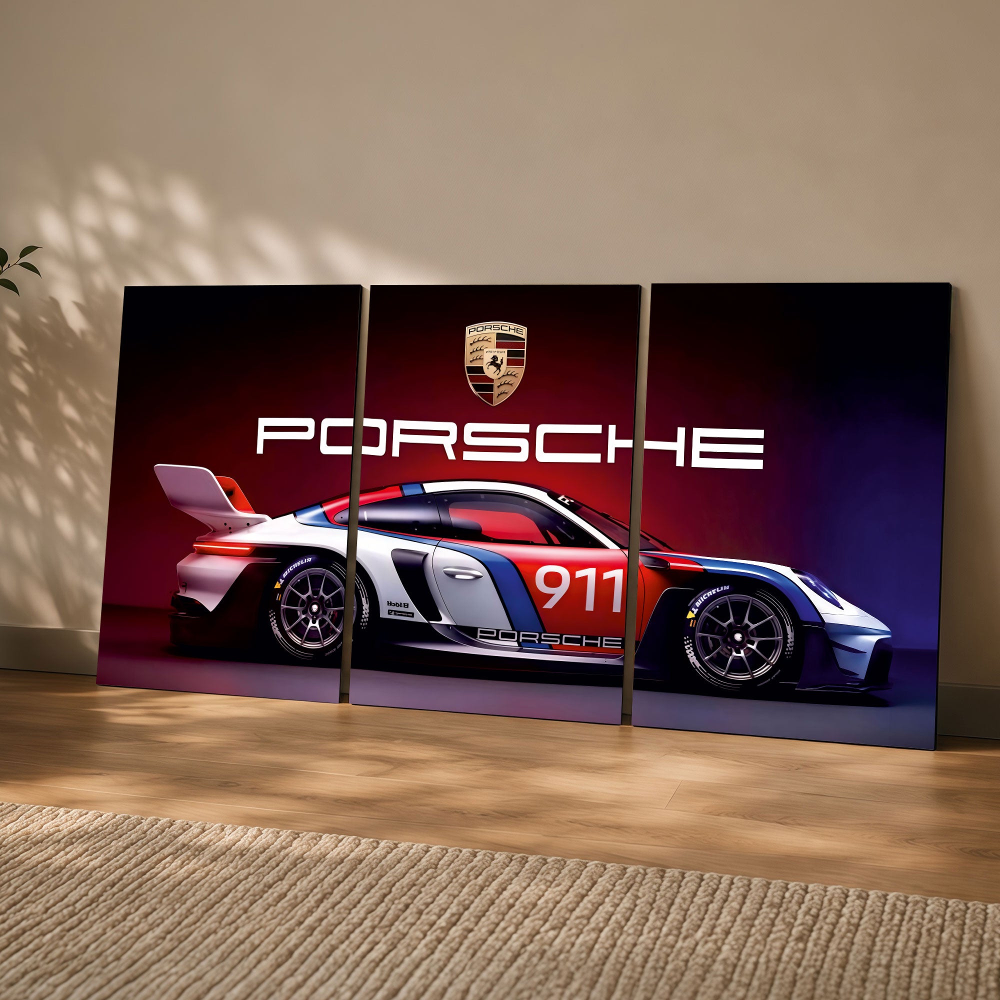 The Castle Decor Porsche Racing Car Wall Art Set of 3 MDF Painting Luxury Sports Car Wall Decor for Men Gamers Bedroom Gaming Room Office Home Decoration