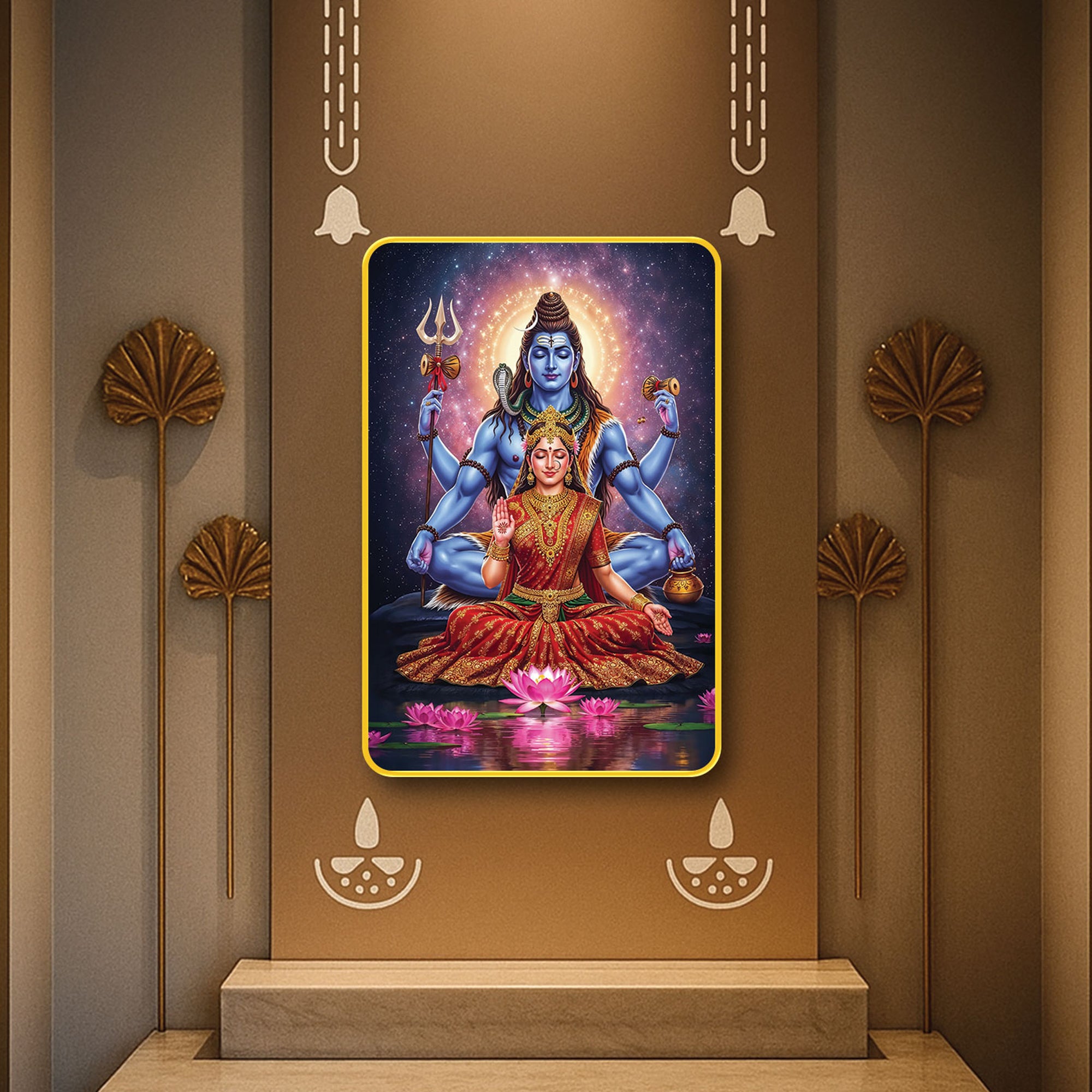 The Castle Decor Shiv Parvati Spiritual Wall Hanging | Sparkle Laminated Digital Artwork with Golden Slim Frame | Ideal for Gifting & Décor 20X30 Inches
