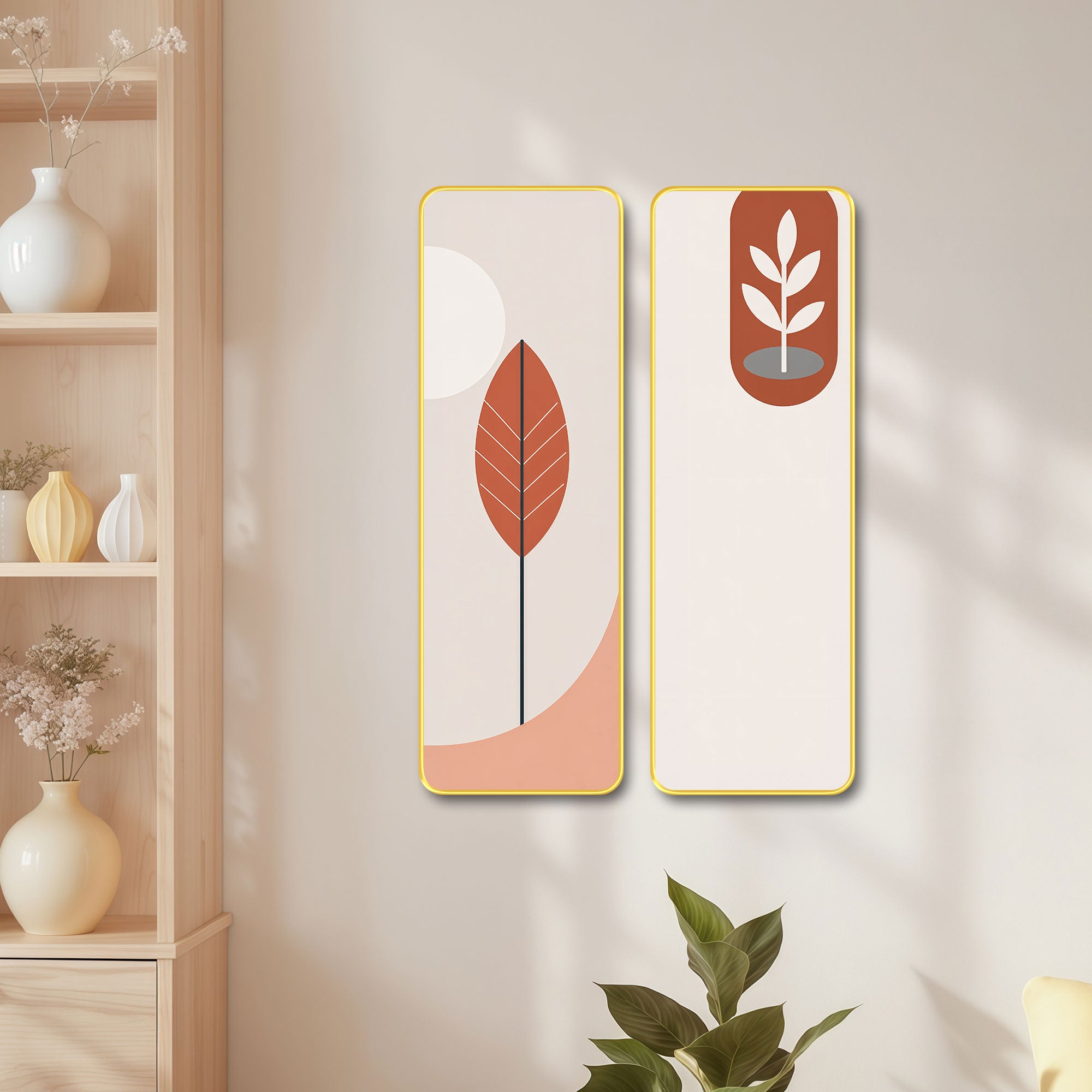 The Castle Decor Modern Boho Wall Art Set of 2 for Living Room | Minimalist Botanical Leaf Painting | Abstract Nordic Wall Decor for Bedroom Office Hallway Home Decoration