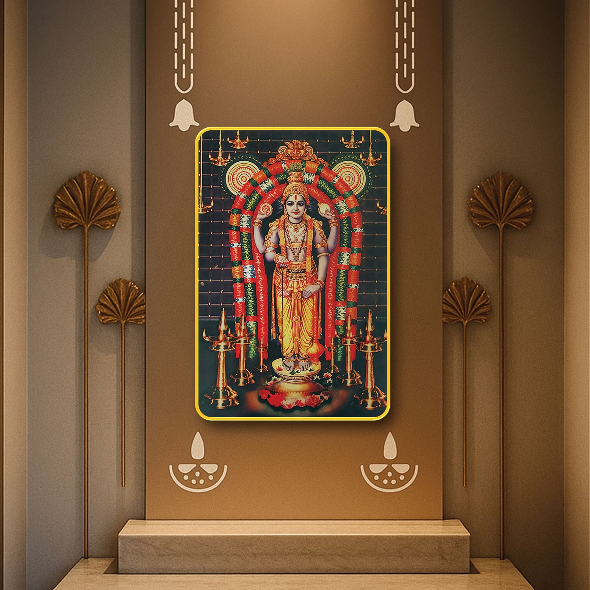 The Castle Decor Divine Shree Guruvayurappan Wall Art | Sparkle Laminated Digital Print in Golden Slim Frame | Spiritual Wall Décor for Pooja Room, Living Room, Bedroom & Office 20X30