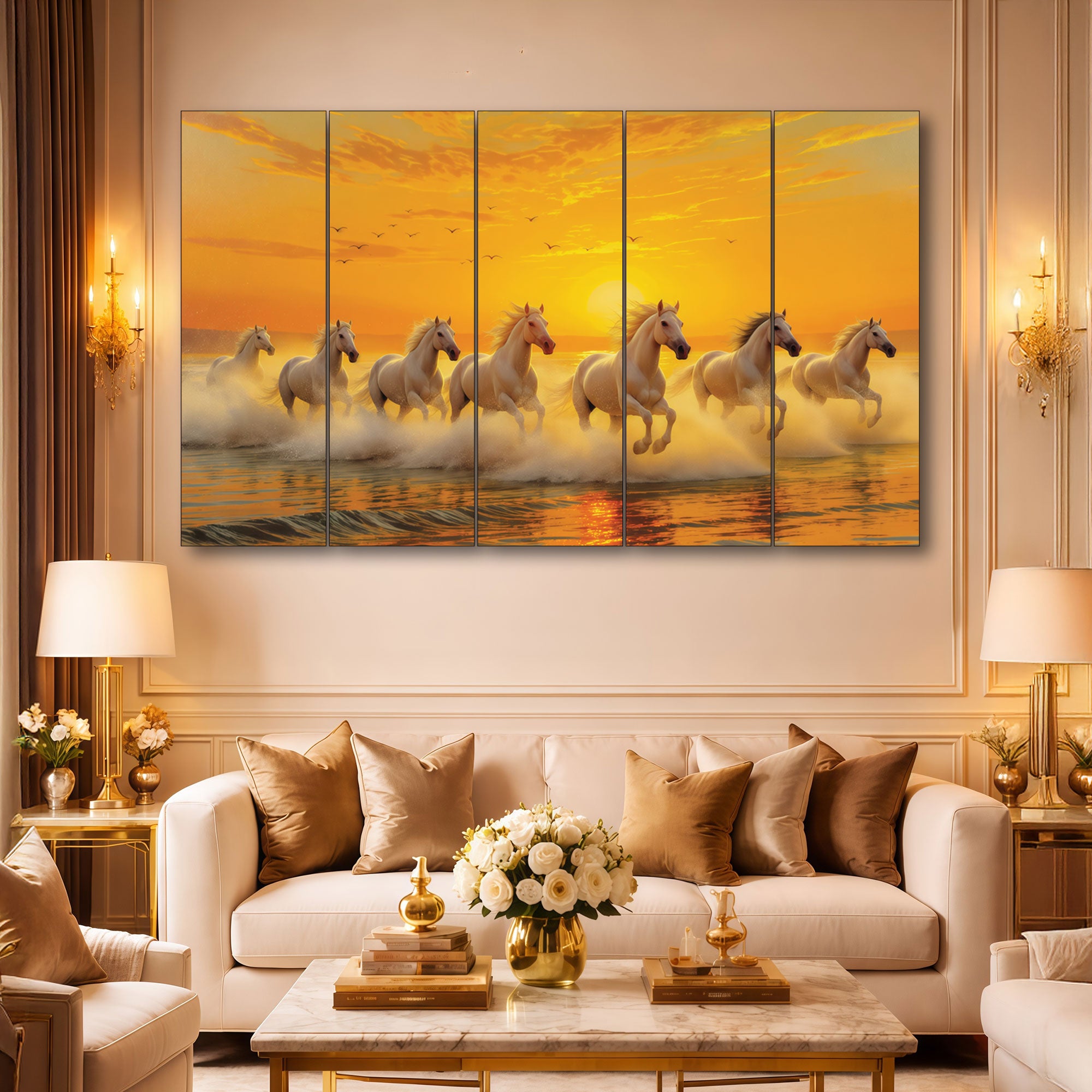 The Castle Decor 7 Running Sunrise Horses Wall Painting for Living Room Big Size Set of 5