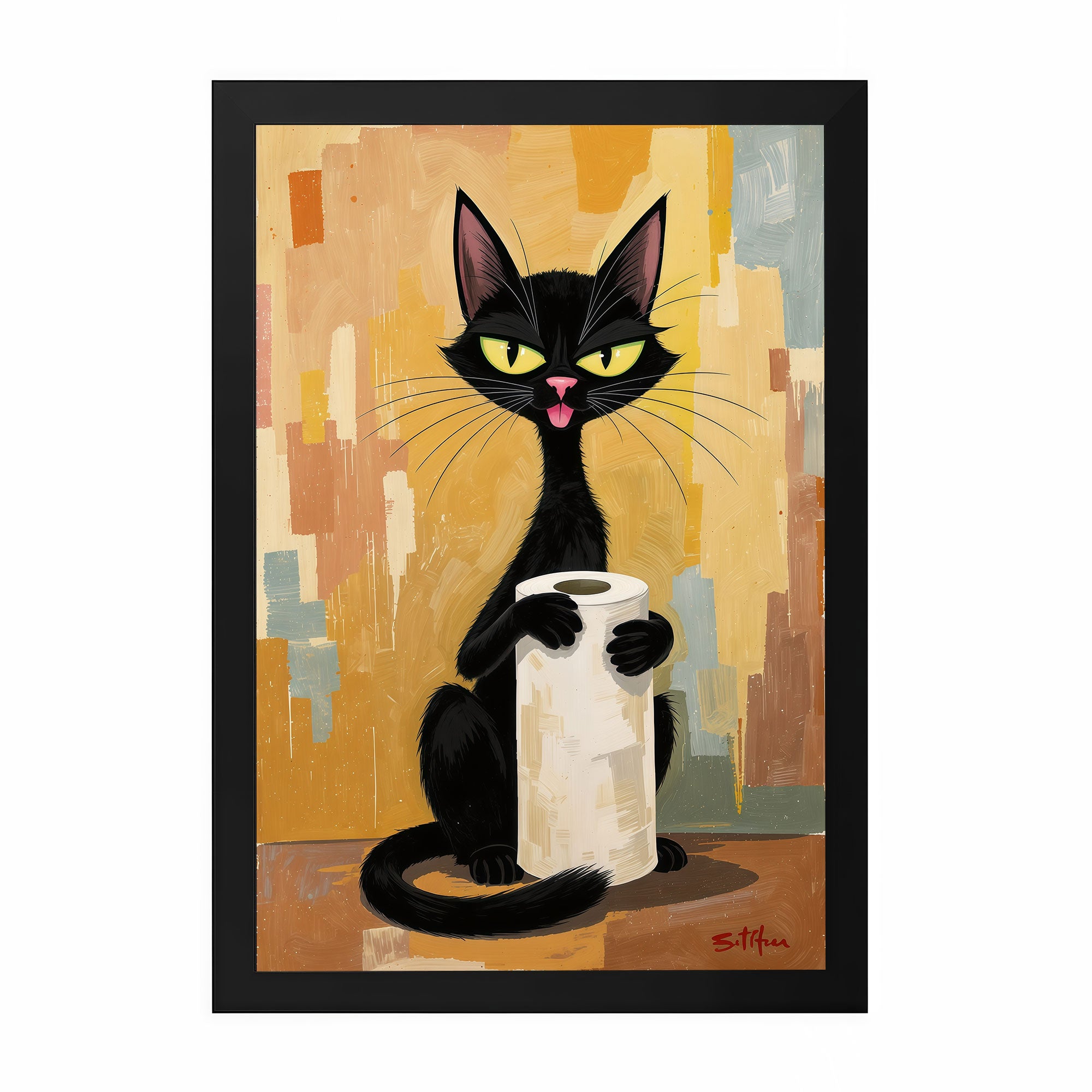 The Castle Decor Funny Black Cat Holding Toilet Paper Framed Wall Art – Mid Century Modern Retro Animal Poster, Humorous Abstract Bathroom Wall Decor for Restroom