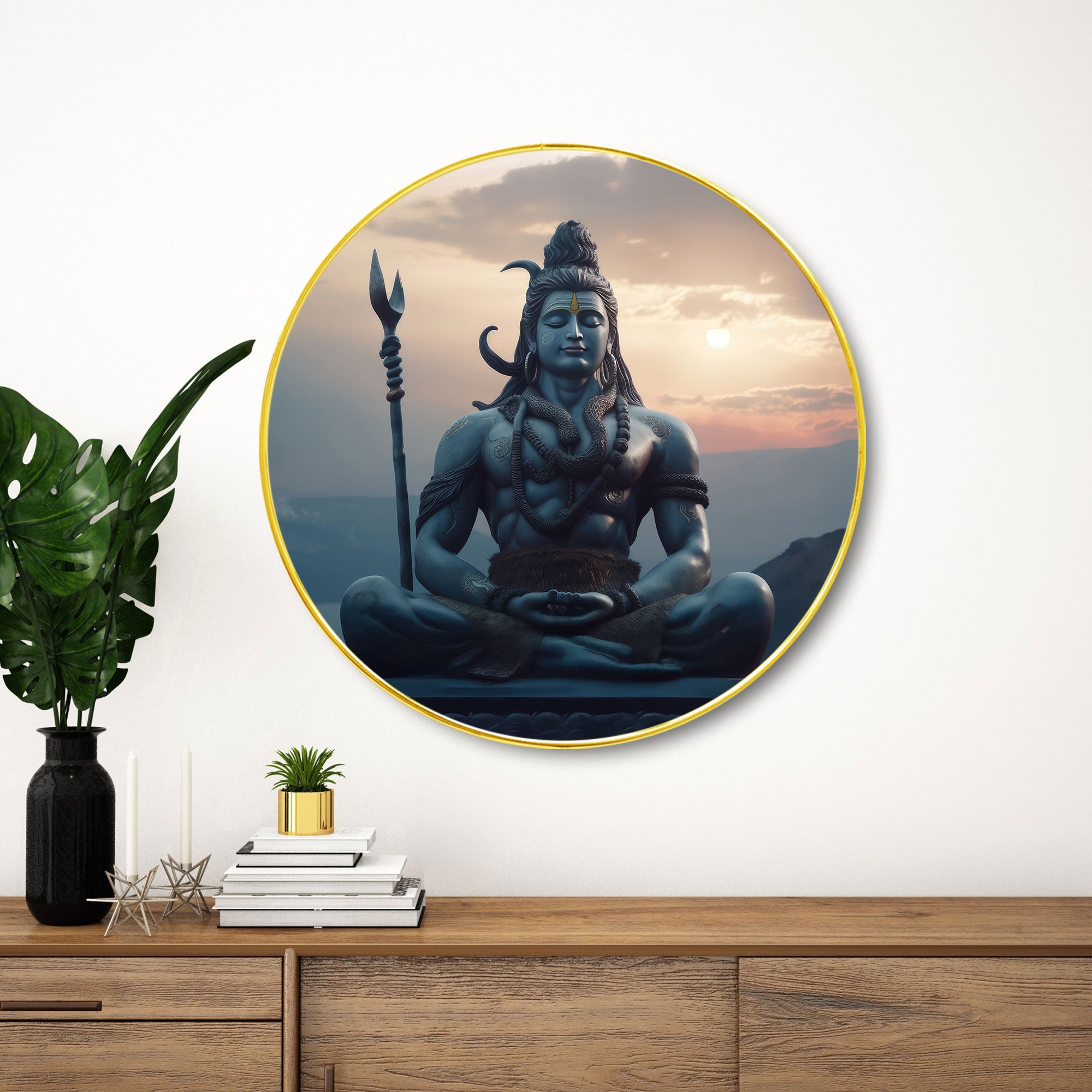 The Castle Decor Lord Shiva Wall Art Painting | Round Frame Spiritual Wall Hanging for Home Decoration, Living Room, Bedroom, Office & Gift Option