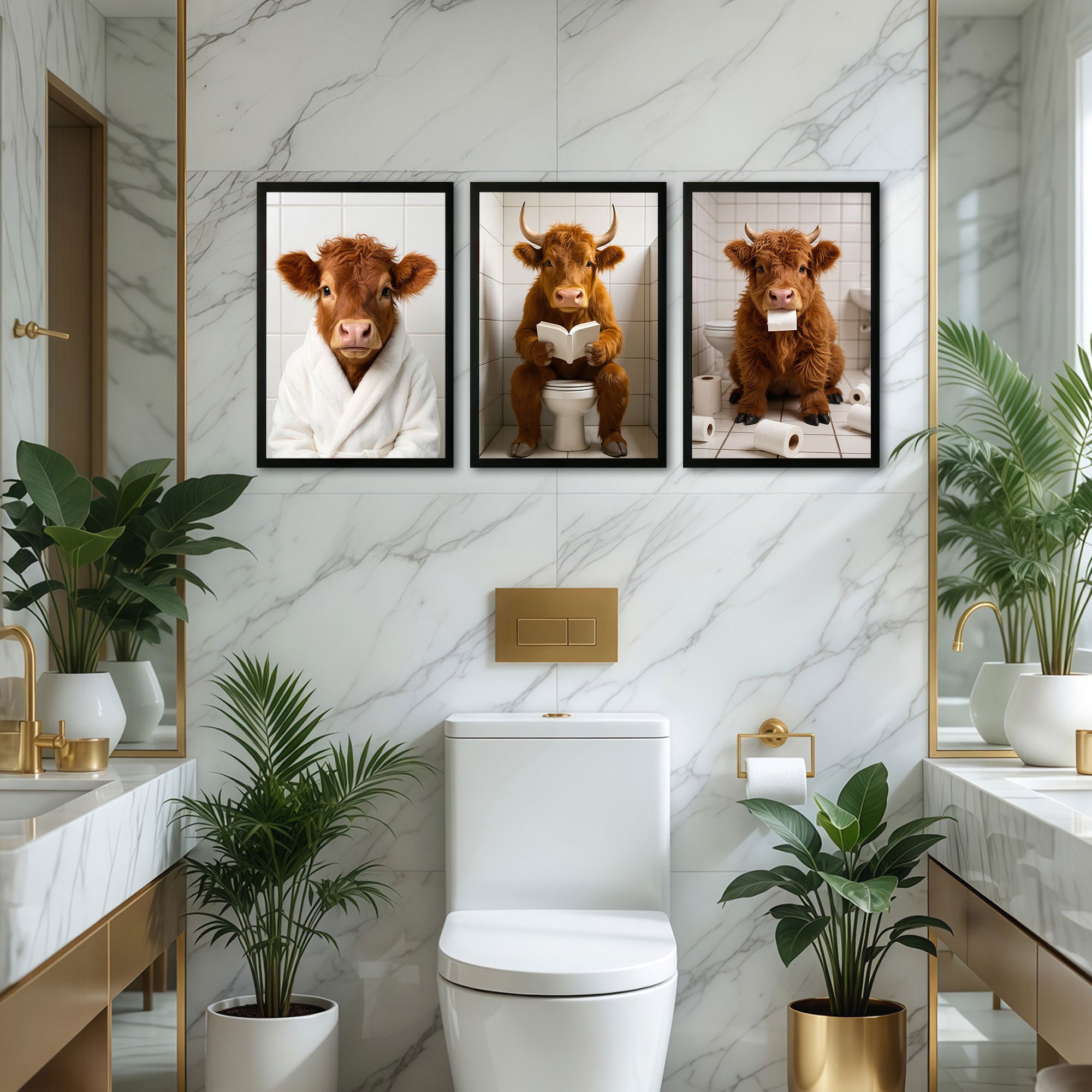 The Castle Decor Funny Highland Cow Bathroom Wall Art - 3 Piece Set (Bathrobe Cow, Toilet Reading Cow, Toilet Paper Cow) - Humorous Framed Prints