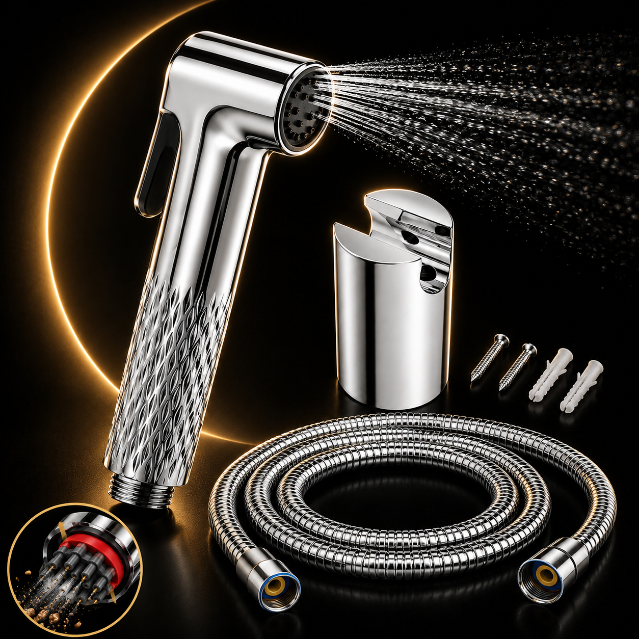 The Castle Decor Self-Cleaning Health Faucet Set with SS Hose, Anti-Clog Nozzle, Chrome Finish, Press Trigger, Wall Holder & 1/2 Inch Connection
