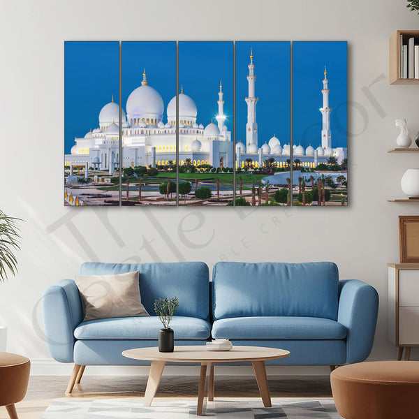 Sheikh Zayed Grand Mosque Set of 5 Big Size Multiple Frames Wall Art Painting for living room,Bedroom,Drawing room,Hotels-Wooden Framed-Digital Painting 27x48