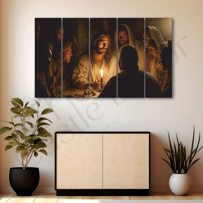 Jesus christ last supper assembly Set of 5 Big Size Multiple Frames Wall Art Painting for living room,Bedroom,Drawing room,Hotels-Wooden Framed-Digital Painting