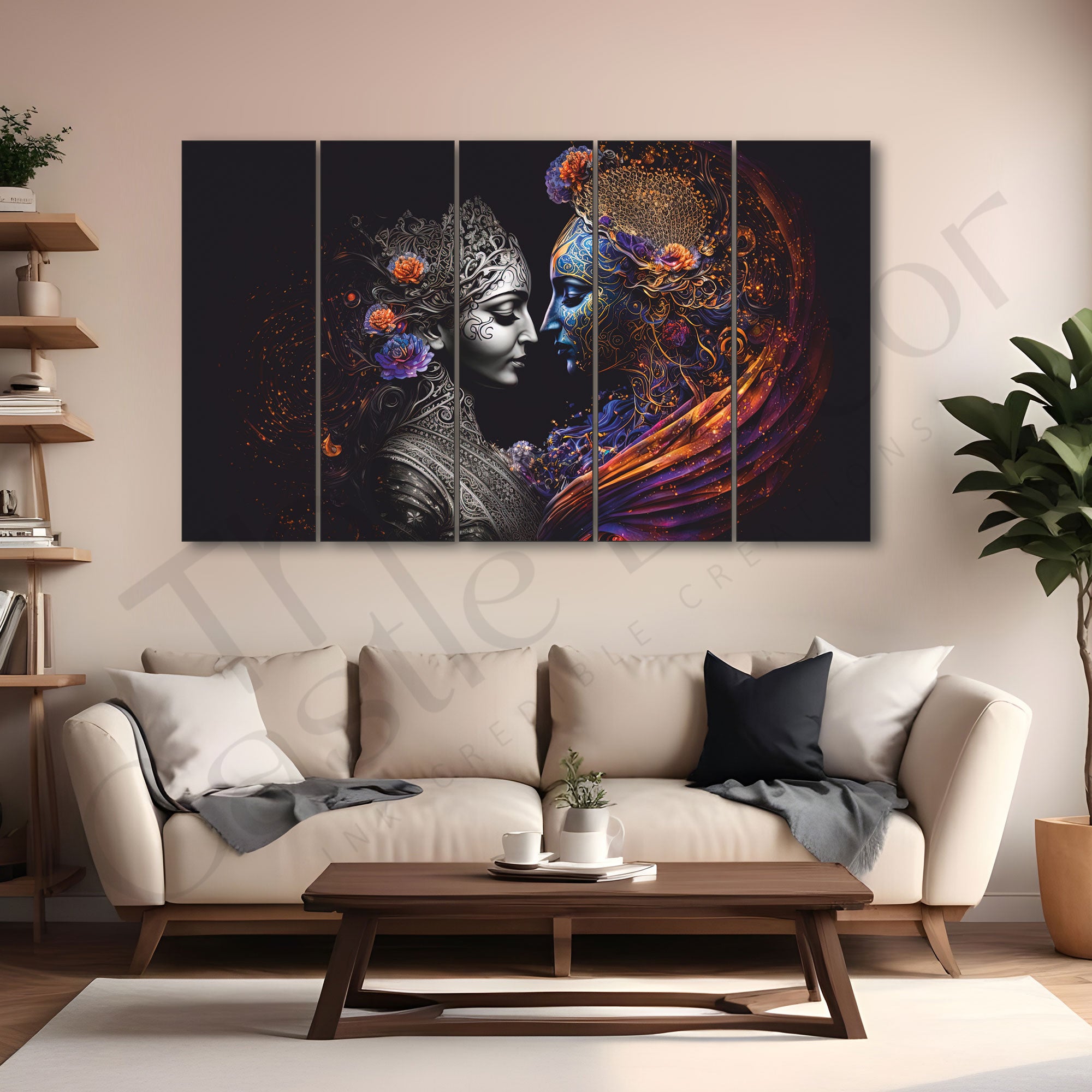 Radha-krishan eternal love Set of 5 Big Size Multiple Frames Wall Art Painting for living room,Bedroom,Drawing room,Hotels-Wooden Framed-Digital Painting 27x48"