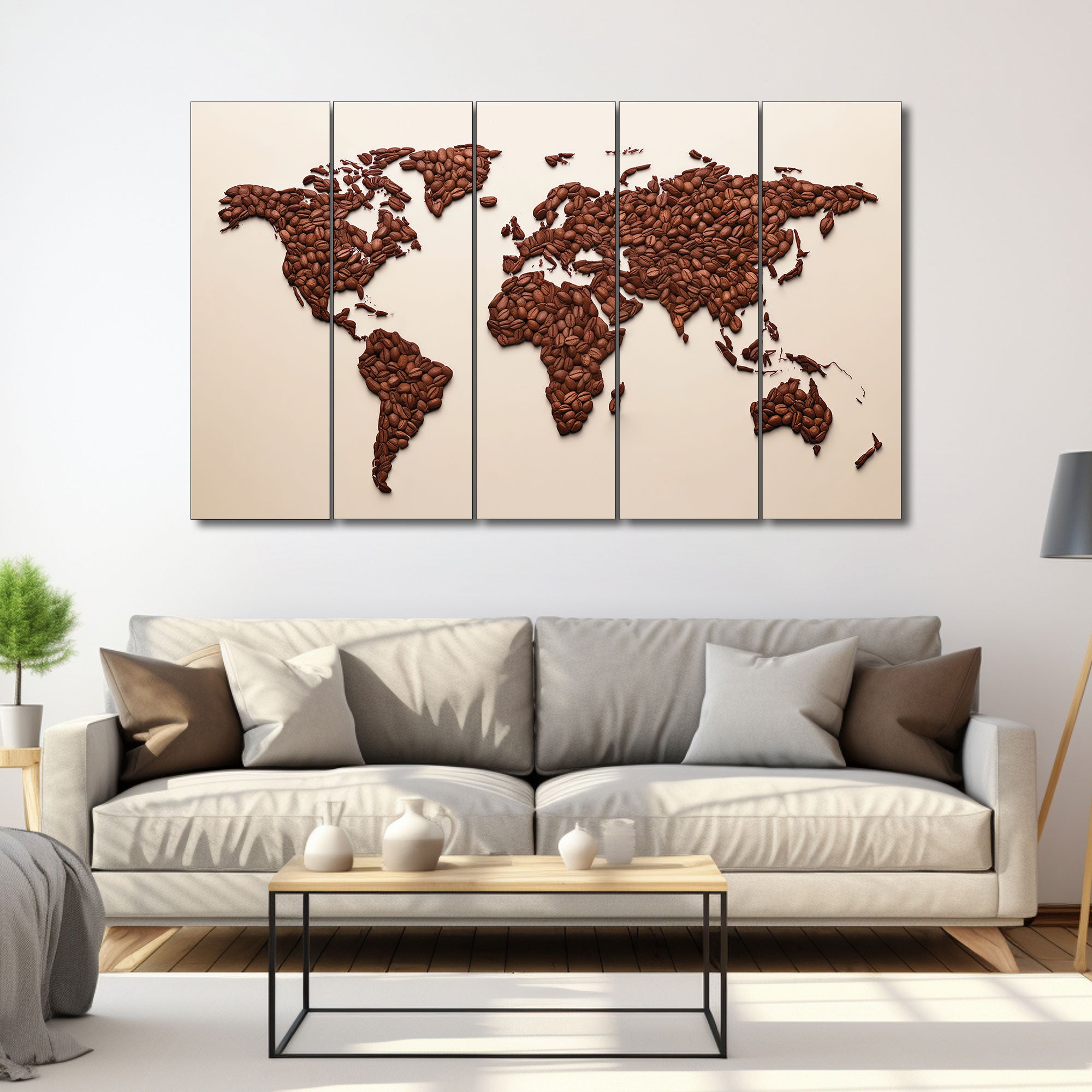 The Castle Decor Coffee Bean World Map MDF Wall Art | 5 Piece Modern Wall Decor | Wooden Panel World Map Artwork for Living Room, Office, Café & Kitchen | Brown Beige Contemporary Home Decoration