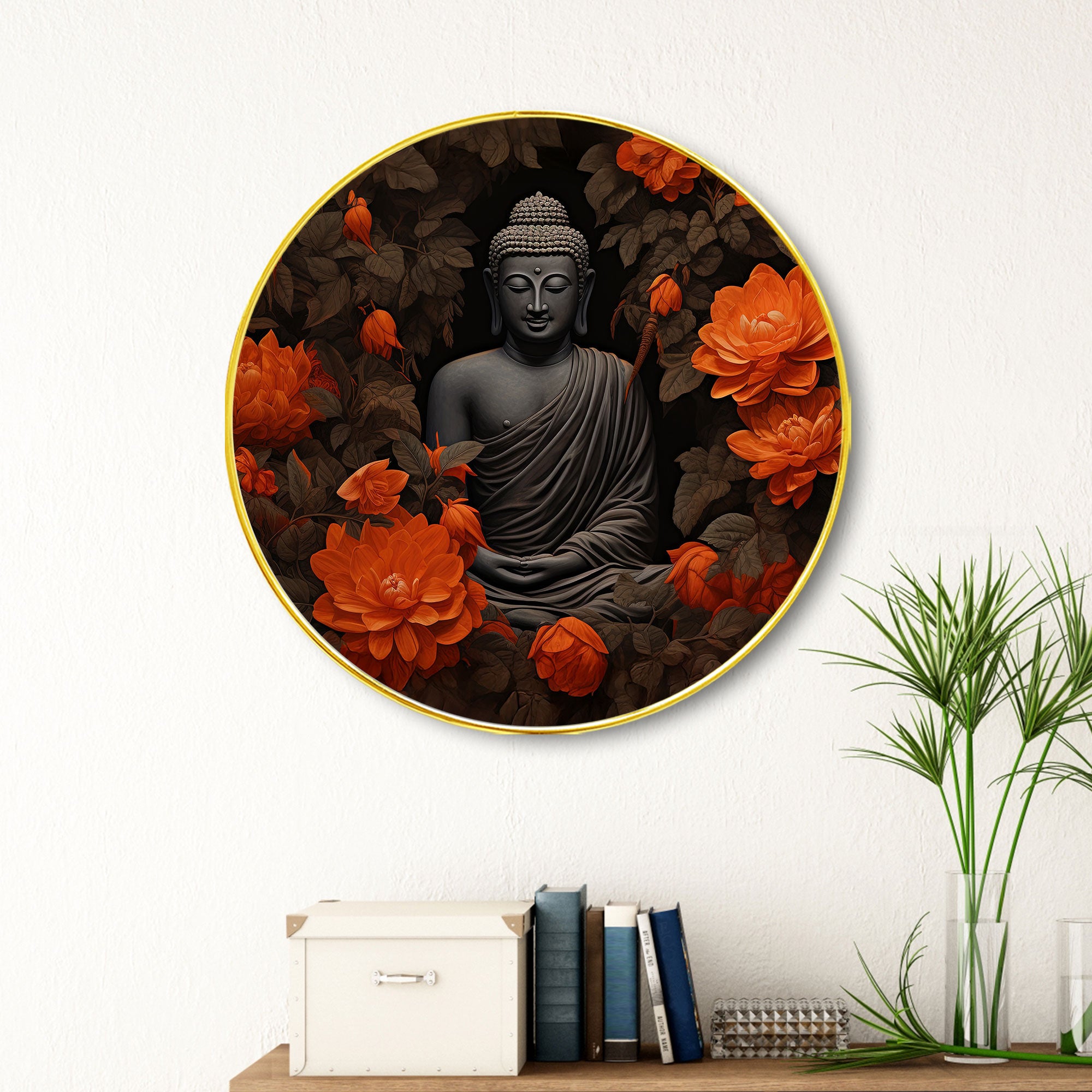 The Castle Decor Buddha Round Wall Art Painting | Golden Slim Frame Meditation Décor for Living Room, Bedroom, Office & Gift