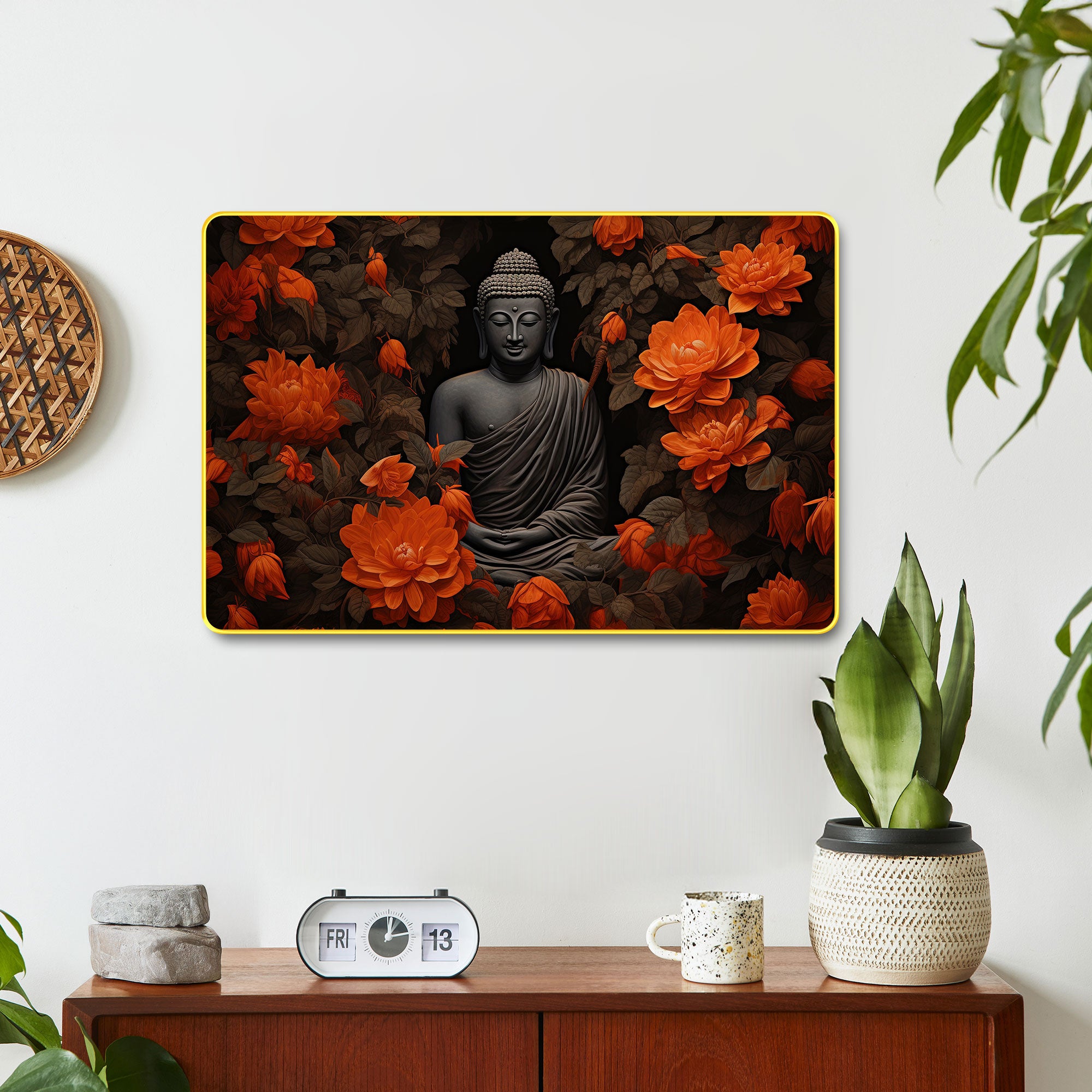 The Castle Decor Lord Buddha Wall Art Painting with Wooden Frame | Vastu Spiritual Meditation Décor for Living Room, Bedroom, Office & Hotel | Gift Option