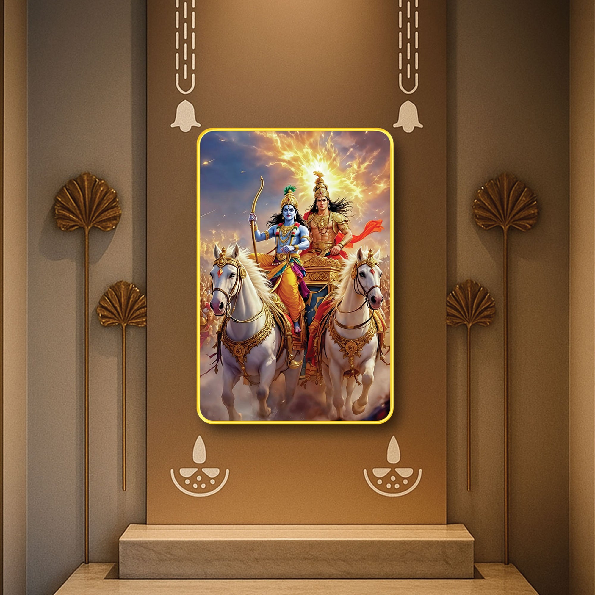 The Castle Decor Krishna Arjun  Digital Wall Art | Sparkle Laminated Golden Slim Frame | Bhagavad Gita Inspired Spiritual Home Decor & Gift 20x30 Inches