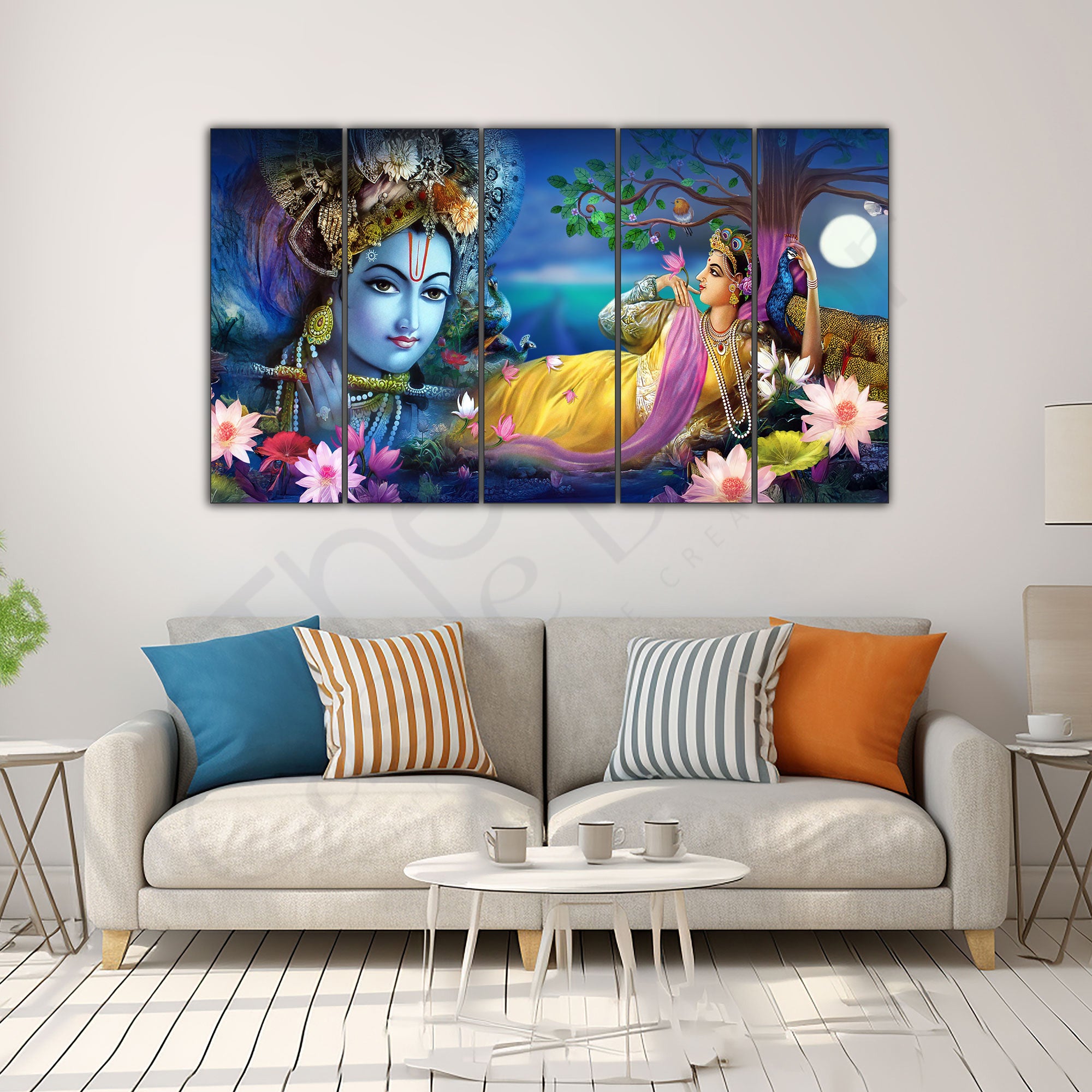 Lord Radha krishn Set of 5 Big Size Multiple Frames Wall Art Painting for living room,Bedroom,Drawing room,Hotels-Wooden Framed-Digital Painting 27x48"
