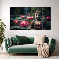Lord Buddha with Lotus Set of 5 Big Size Multiple Frames Wall Art Painting for living room,Bedroom,Drawing room,Hotels-Wooden Framed-Digital Painting 36x60