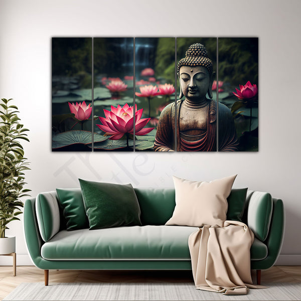 Lord Buddha with Lotus Set of 5 Big Size Multiple Frames Wall Art Painting for living room,Bedroom,Drawing room,Hotels-Wooden Framed-Digital Painting 36x60