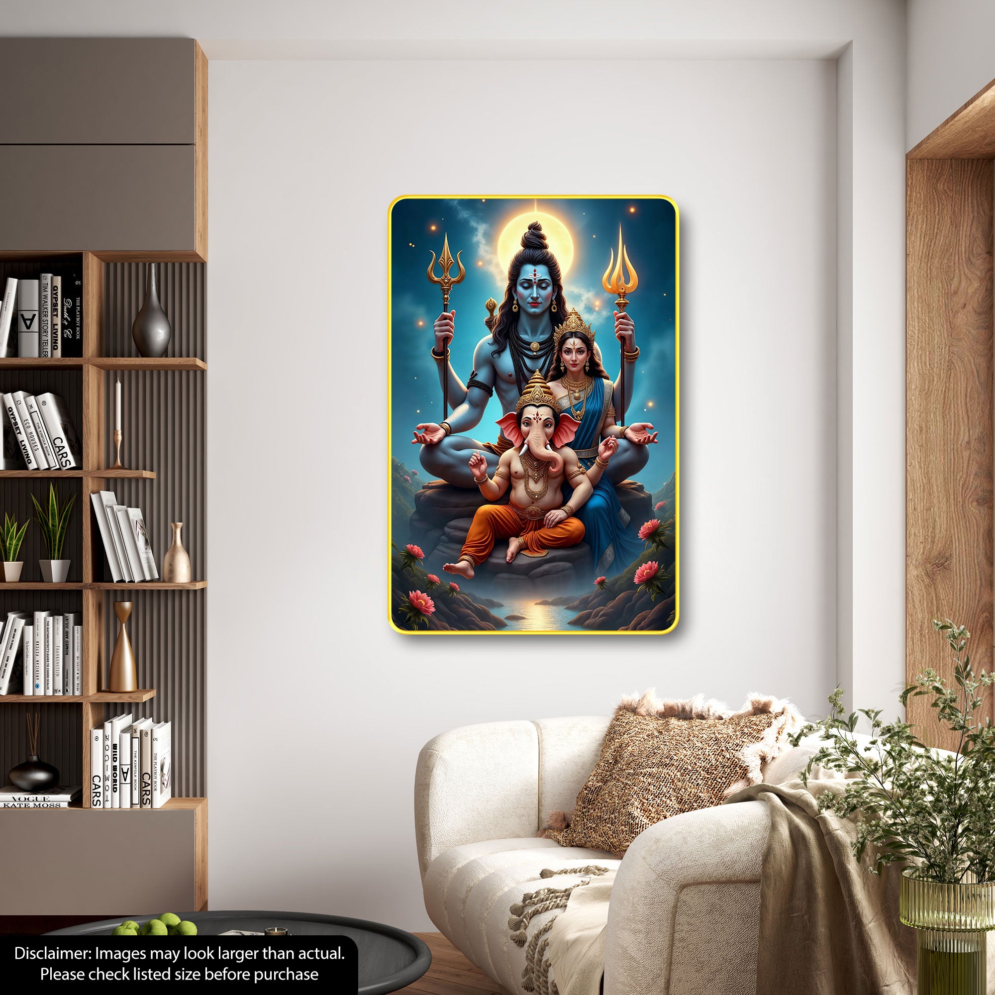The Castle Decor Lord Shiva Family Wall Décor | Sparkle Laminated Digital Art in Golden Slim MDF Frame | Perfect for Temple, Home & Office 20X30 Inches
