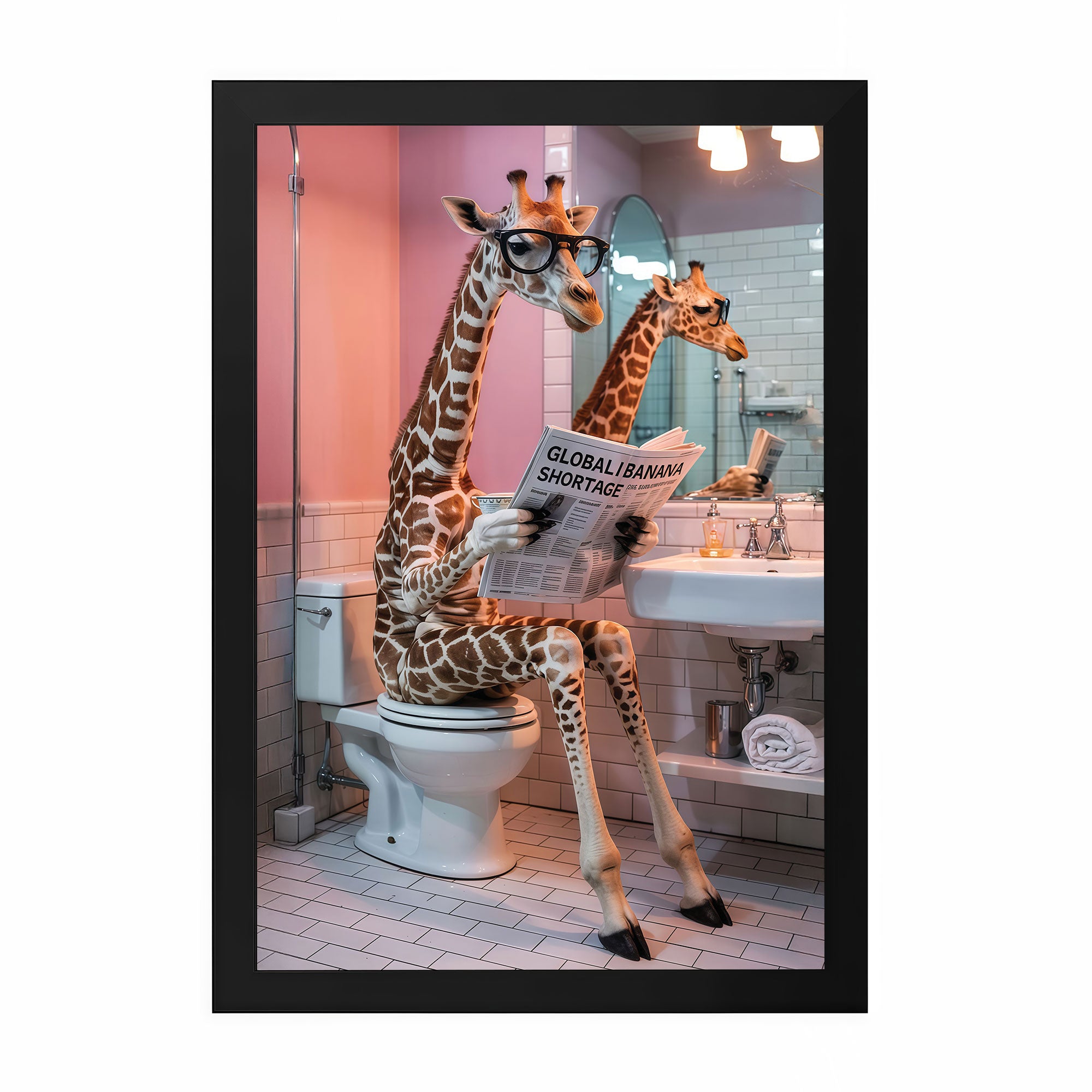 The Castle Decor Quirky Giraffe on Toilet Reading Newspaper Framed Wall Art – Funny Safari Animal in Pink Bathroom Framed Poster, Modern Humorous Restroom Wall Decor