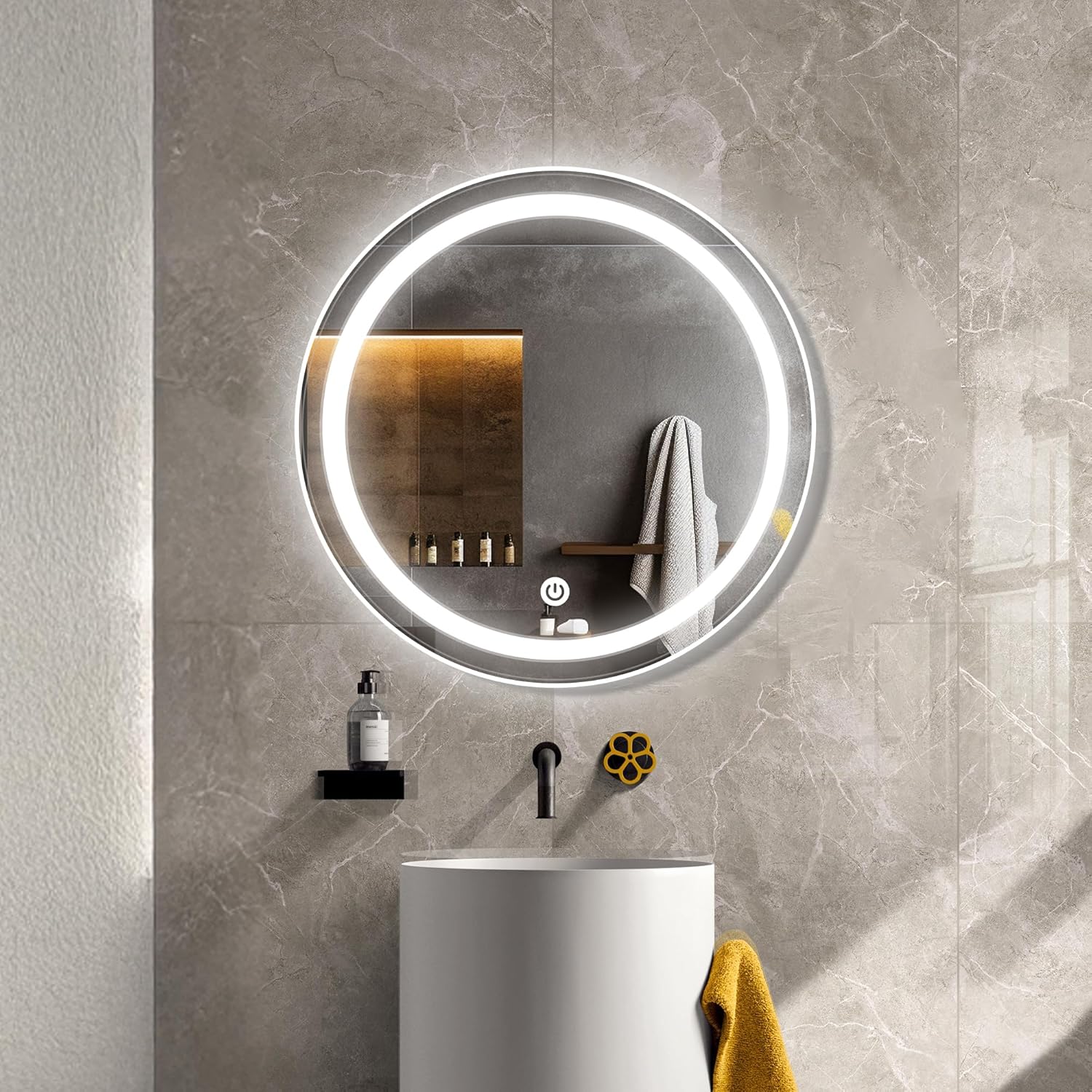 The Castle Decor Round LED Bathroom Mirror, 24 x 24 Inch, 3 Light Modes, Touch Control
