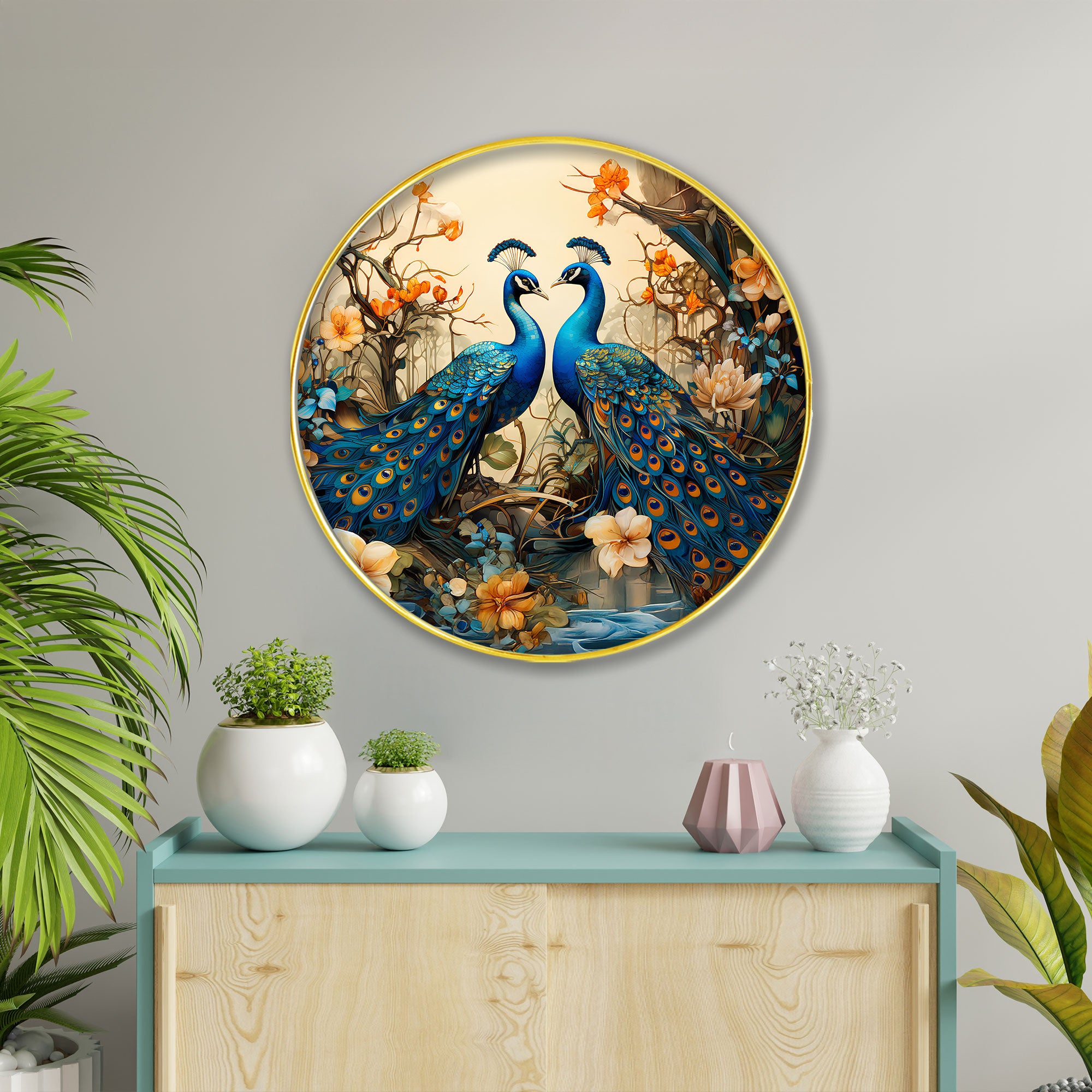 The Castle Decor Vastu Inspired Peacock Painting | Elegant Round Frame Wall Hanging for Home Decoration, Living Room, Hotel & Gift