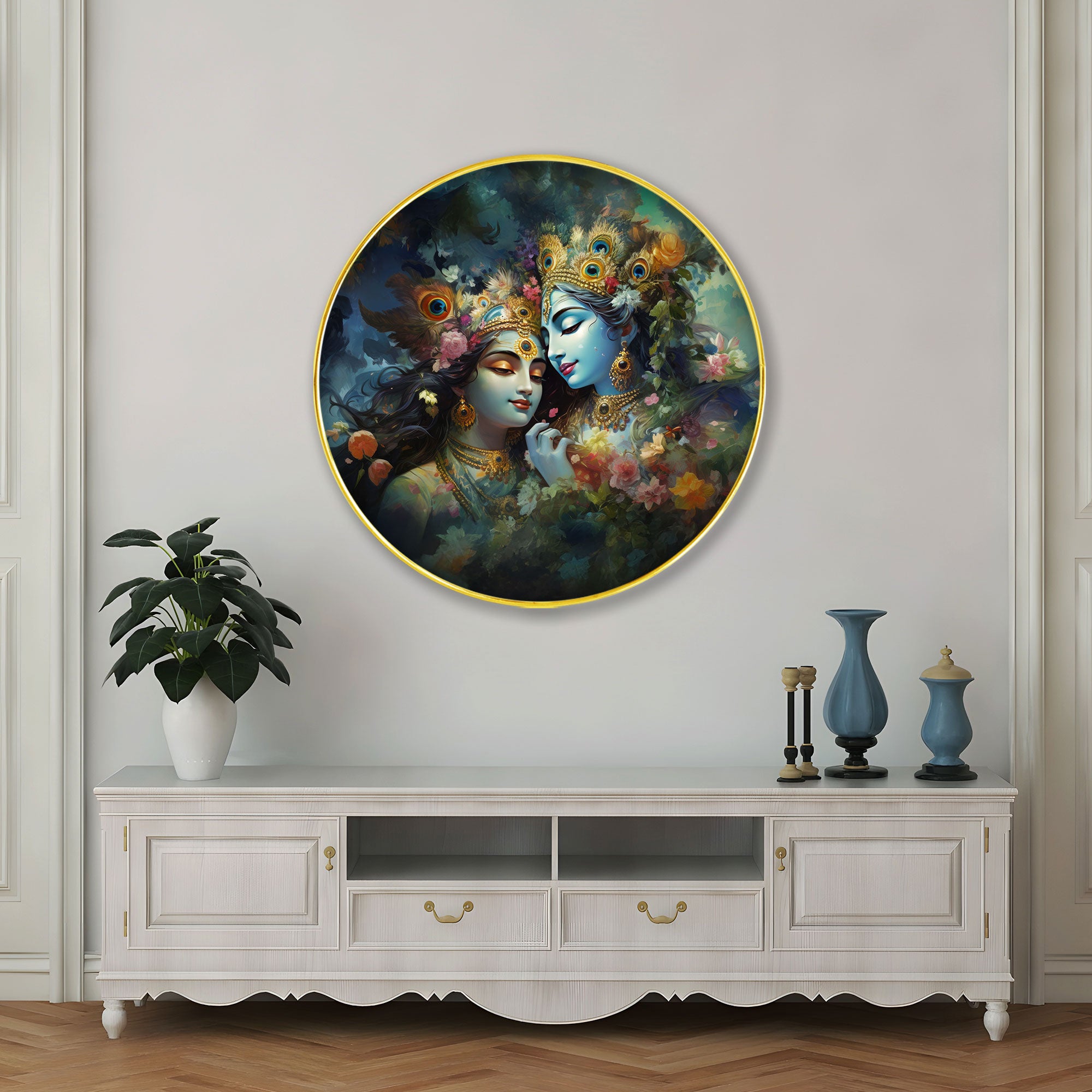 The Castle Decor Radha Krishna Wall Décor Round | Divine Love Painting with Golden Slim Frame for Living Room, Bedroom, Hotel & Gift Option