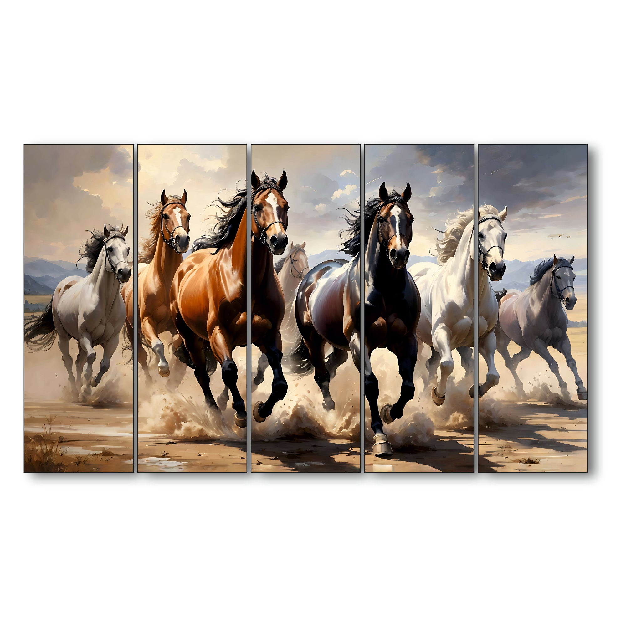 7 running horses Set of 5 Big Size Multiple Frames Wall Art Painting for living room,Bedroom,Drawing room,Hotels-Wooden Framed-Digital Painting