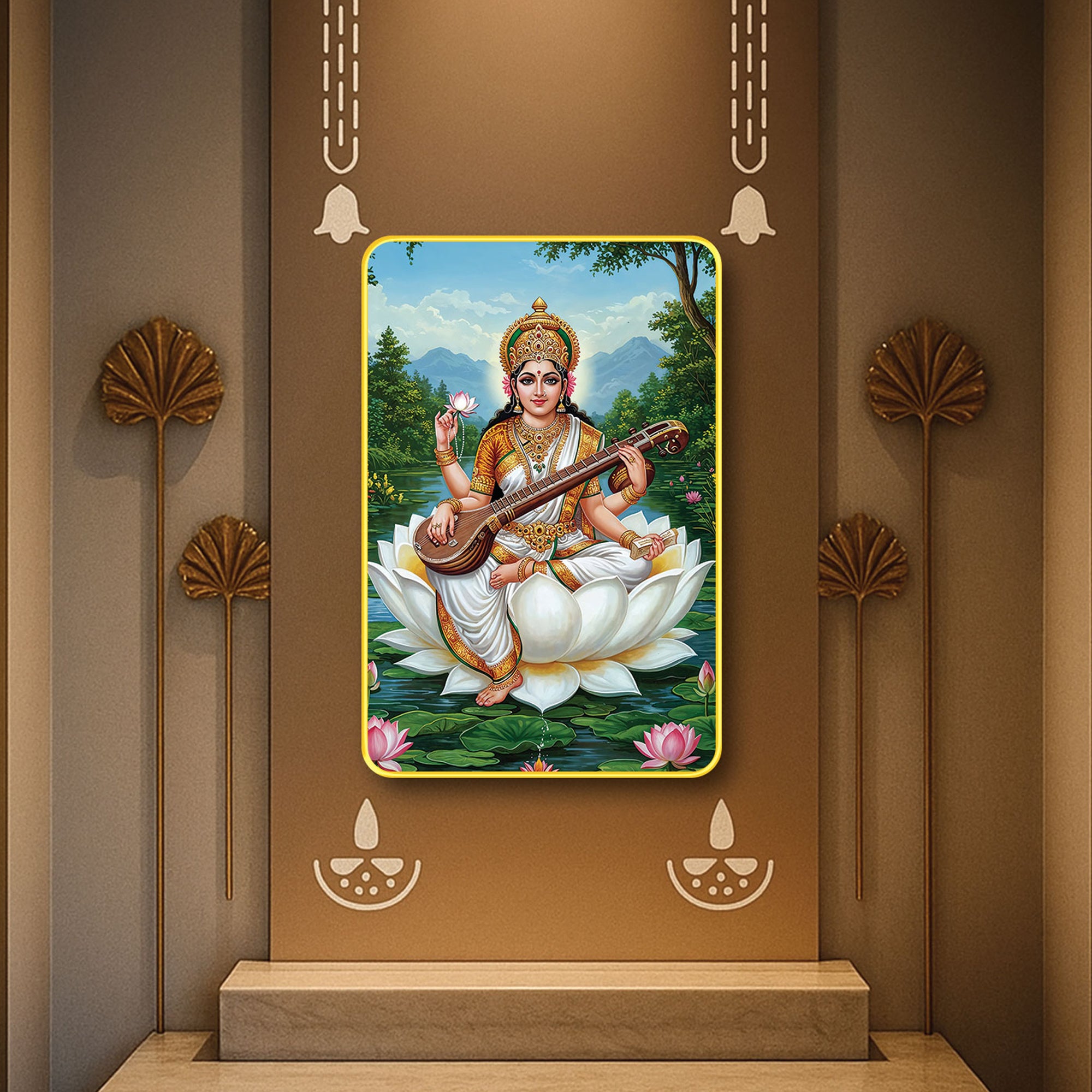 The Castle Decor Divine Saraswati Maa Wall Frame | Sparkle Laminated Digital Art with Golden Slim MDF Frame | Ideal for Gifting & Home Décor 20x30 Inches