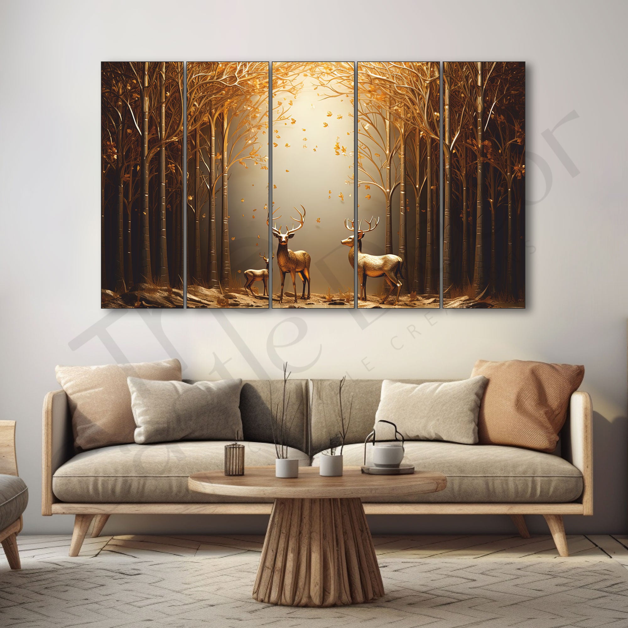 Golden Deer in Forest Painting Set of 5 for Home Decoration