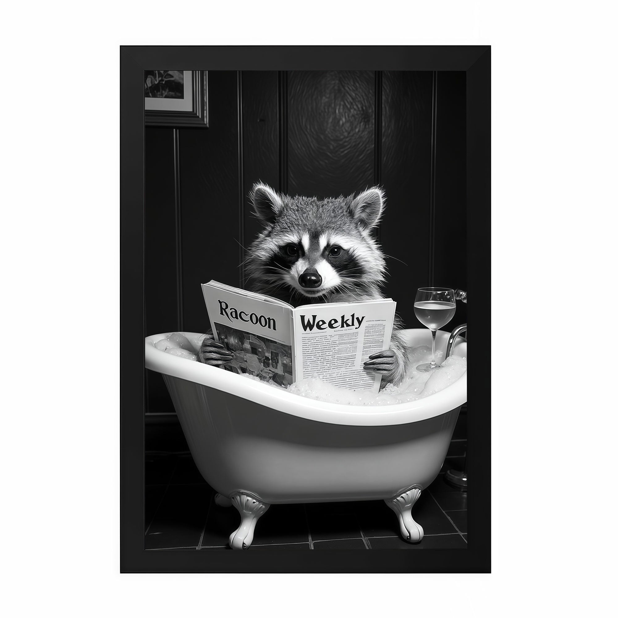 The Castle Decor Funny Raccoon in Bathtub Reading Newspaper Framed Wall Art – Black and White Whimsical Animal in Bubble Bath Framed Poster, Humorous Restroom Decor